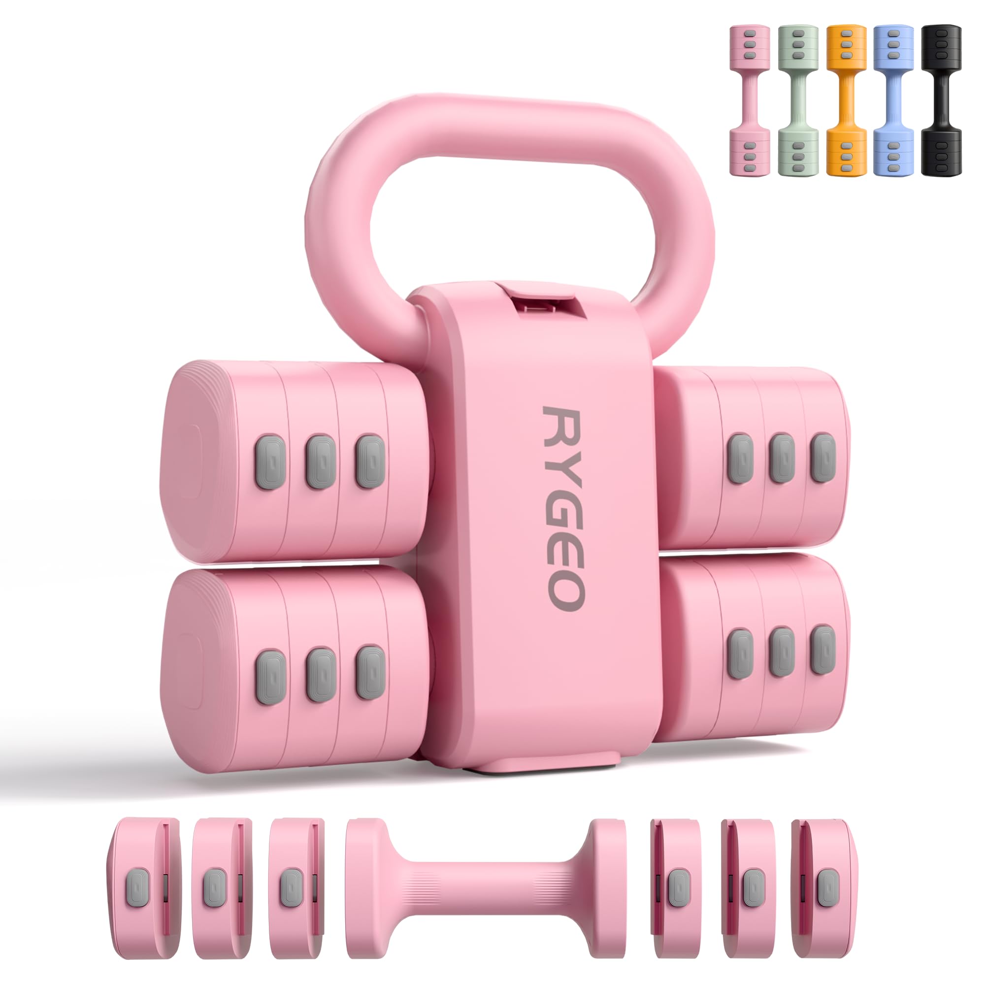 RYGEO Set di manubri regolabili 2 in 1 per donne, kettlebell a 4 livelli (da 1 kg a 5 kg), attrezzature per il fitness a casa