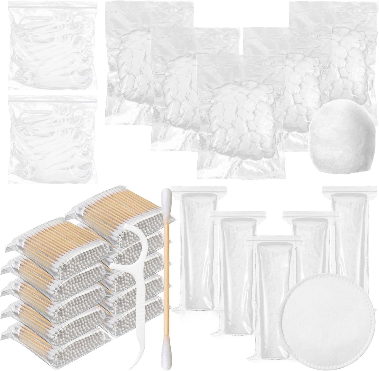 2700 Count Hotel Vanity Set Bulk 1000 Cotton Balls 500 Cotton Rounds 1000 Swabs with Double Round Tip 200 Dental Floss Picks for Face Makeup Removal Toiletries