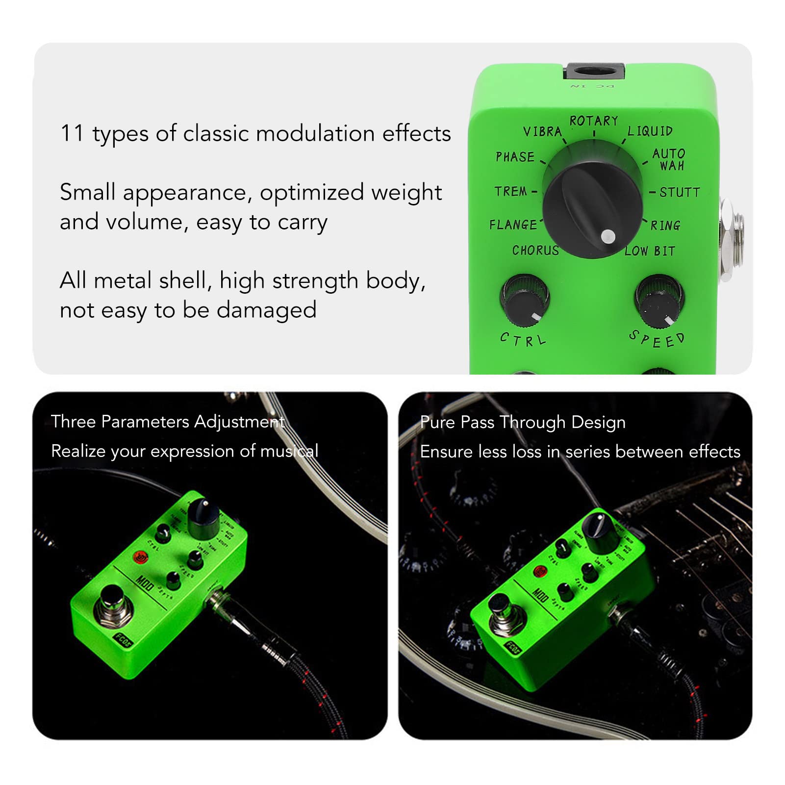 Pedal de Efecto de Guitarra eléctrica Mini Pedal de modulación Efectos clásicos Interfaz de Audio Mono de 1/4 pulg. Verde