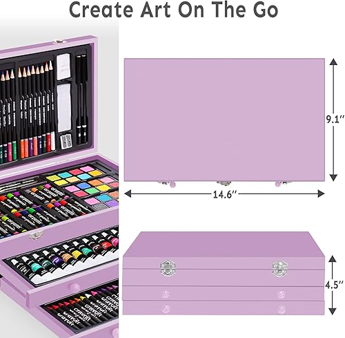 Miniatura 16 de Juego de arte de lujo de 175 piezas con 2 almohadillas de dibujo, pinturas acrílicas, lápices de colores, juego de pintura en estuche de madera, kit