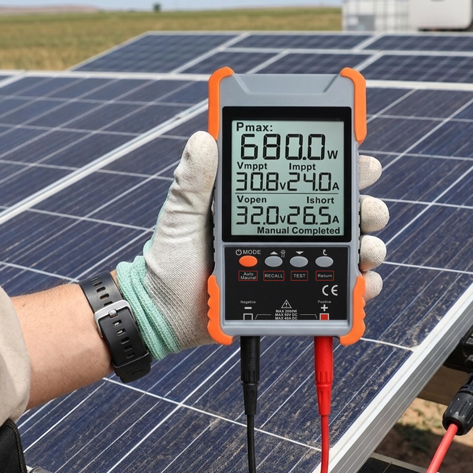 Misuratore Tester per Pannelli Solari con MPPT 2000W 90V 40A, Monitoraggio PV, Test Automatico/Manuale, Schermo LCD, Protezione da Sovratensione/Sovracorrente/Inversione di Polarità/Temperatura