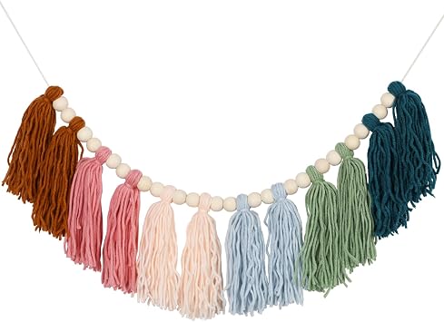 Colorful Boho Tassel Garland with Wood Beads Macrame Woven Banner Wall Hangings for Kids Bedroom Nursery Party Holiday Classroom Decoration B