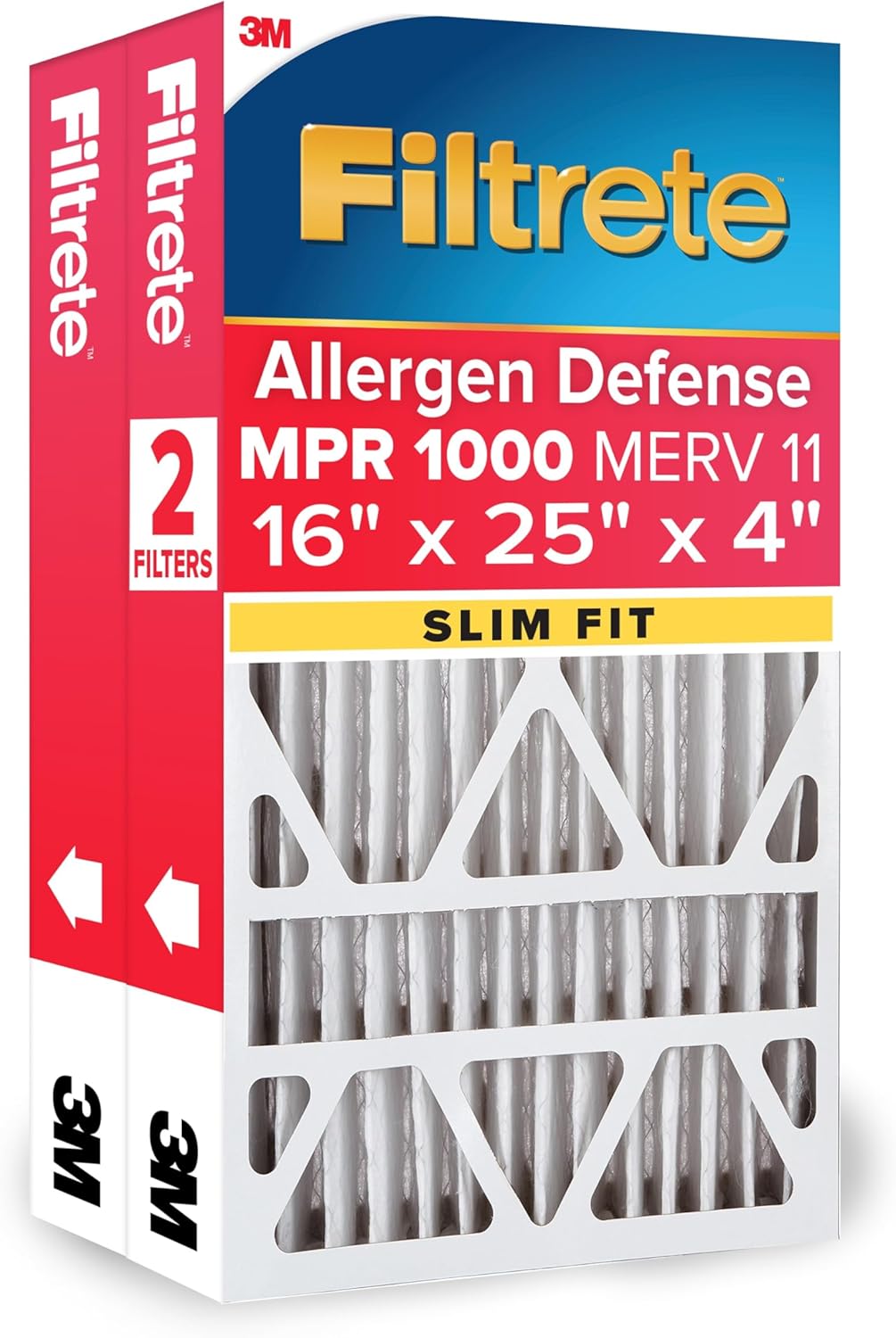 Filtrete 16x25x4 (SlimFit) AC Furnace Air Filter, MPR 1000, MERV 11, Allergen Defense, Electrostatic Air Cleaning Filter, 2-Pack (actual size 15.5 x 24.5 x 3.75 in)