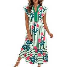 Wenrine Womens 2026 Summer Dresses V Neck Ruffle Cap Sleeve Empire Waist Flowy Floral Striped Beach Maxi Dress with Pockets
