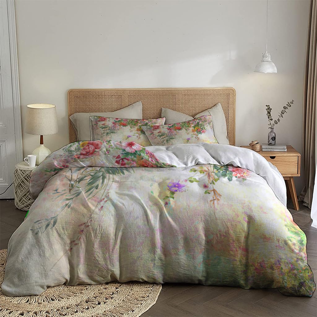 NIBAINLO 布団カバー抽象的なカラフルな花の春の美しい水彩画 肌に優しい ピーチスキン加工 掛け布団カバー 和式 洋式 あったか 布団カバーセット リバーシブル ホームステイ ホテル 家庭兼用