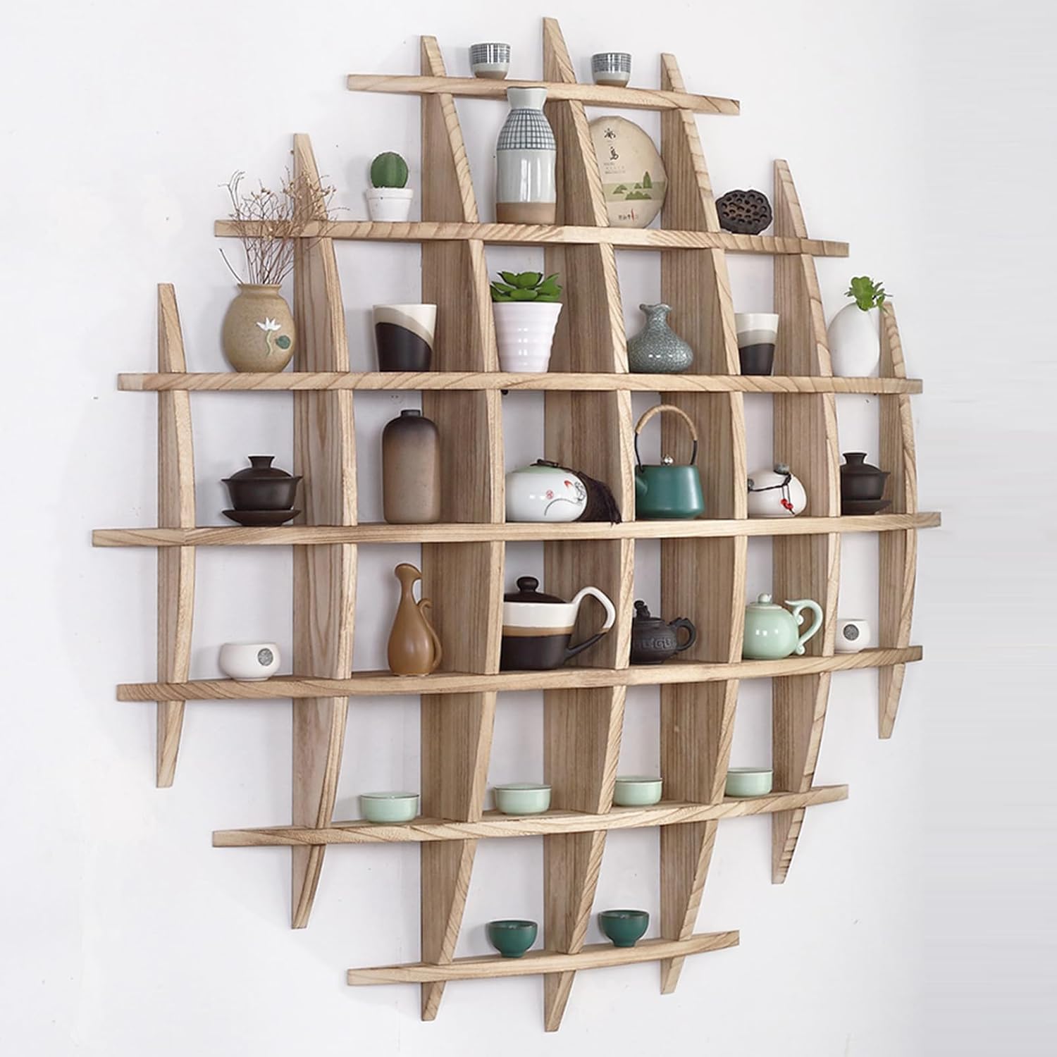 Solid Wood Chinese Tea Cup Holder, Wall Mounted Teapot Display Stand, Wall Decoration Teaware Shelf Storage Rack for Living Room Kitchen Office Commercial (Carbonization Color, 39x39'') 39x39'' Carbonization color