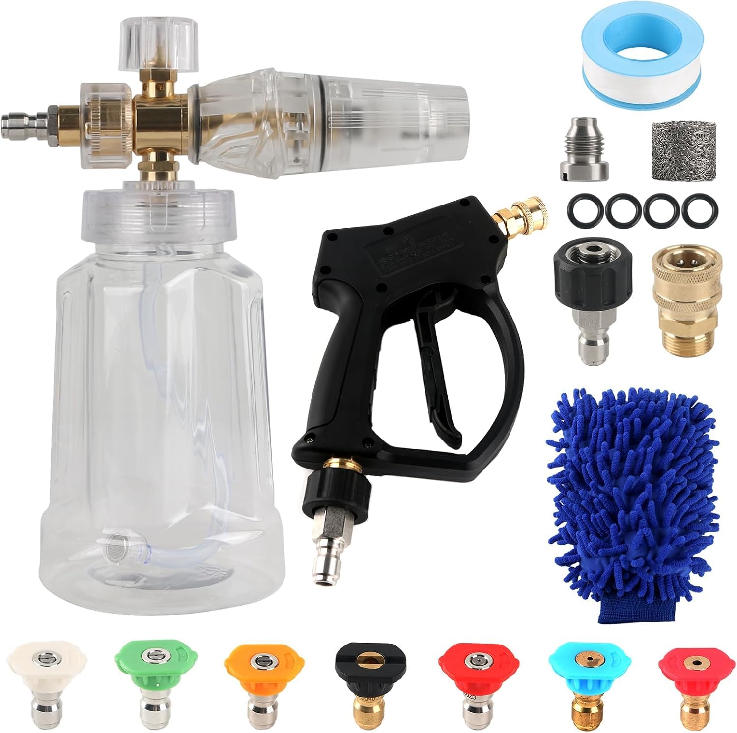 NewBEP Pistola de lavado de alta presión, kit de cannón de espuma con conector rápido de 1/4", 5000 PSI, aleación de aluminio, para lavado de coches, lanza de espuma de nieve, 7 boquillas de color