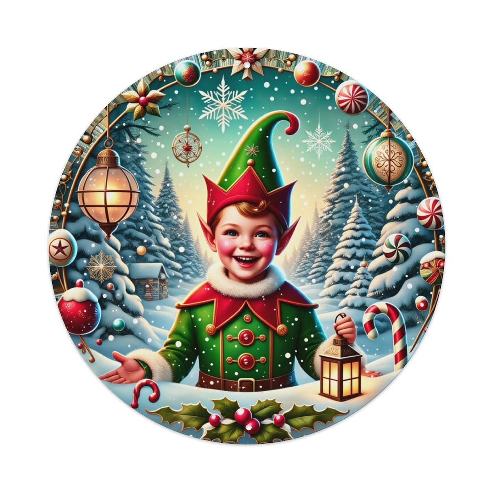 Christmas Elf Winter Scene Decor Round Tin Sign Retro Metal Sign for Cafe Bar Pub Home Game Room Gym Club Wall Decoration Vintage Metal Poster 8x8 Inch