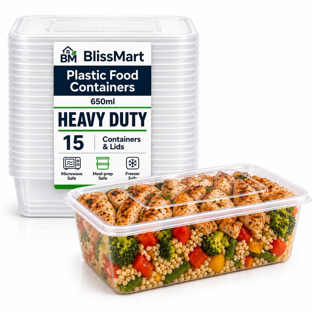 BLISSMART 650ml Plastic Food Containers with Lids 15pk Leakproof Snap Lids Meal Prep Lunch Box Takeaway Clear BPA Free Microwave Freezer Dishwasher Safe Stackable Containers (650cc)