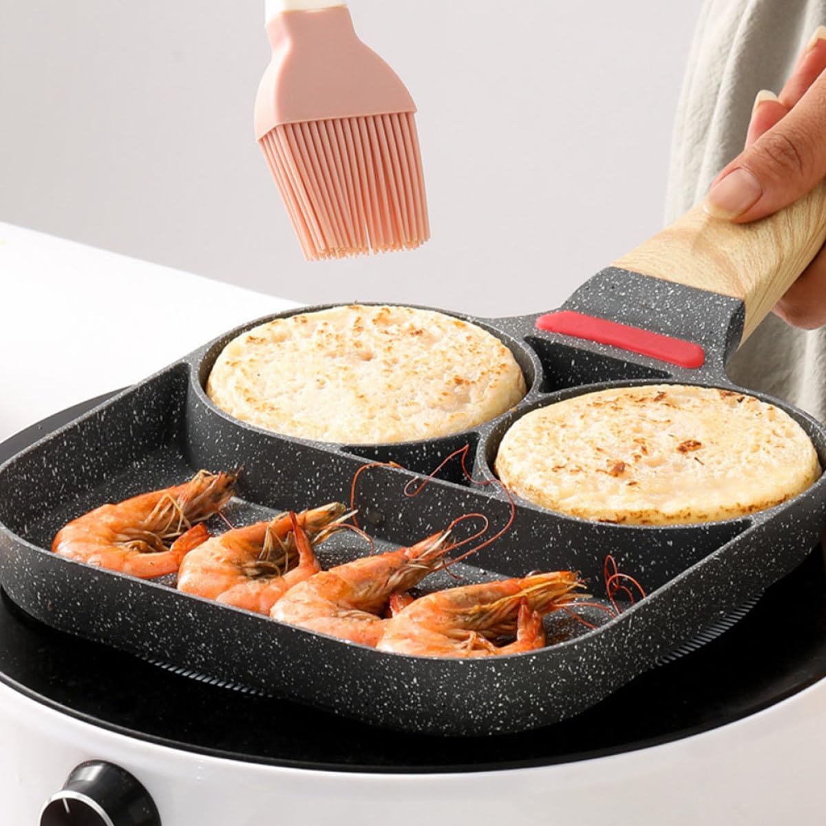 SHINEOFI Spiegeleierpfanne mit 3 Fächern Frühstücksbratpfanne aus Antihaftmaterial mit Holzgriff Temperaturanzeigend für Gas und Induktionsherde Geeignet