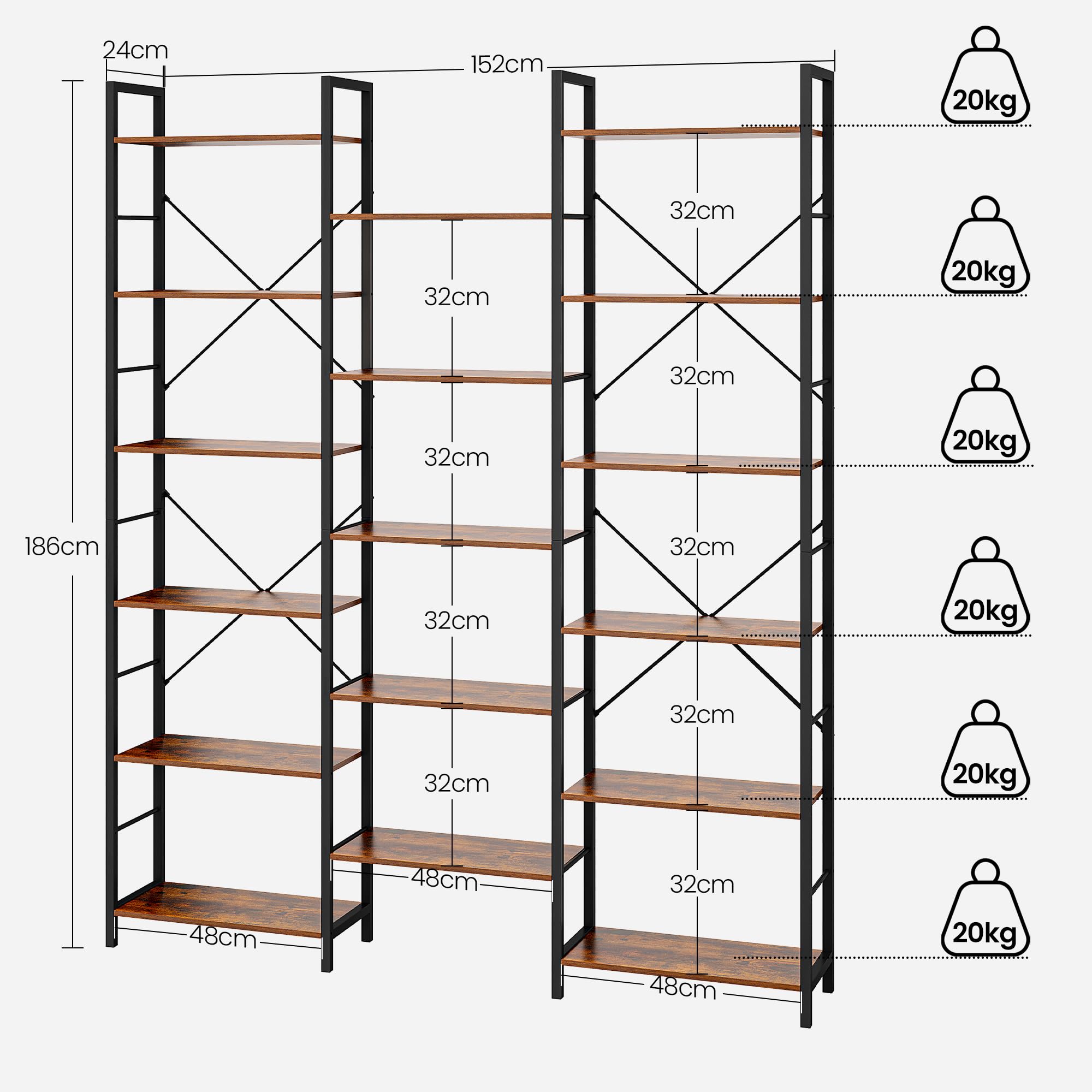 Hzuaneri 186 cm Bücherregale, Standregale, Regal mit 17 Fachböden, 6 Etagen, Verstellbarer Abstand, 24 x 152 x 186 cm, Tragfähigkeit 340 kg, Wohnzimmer, Büro, Vintage Braun-Schwarz BC10101B