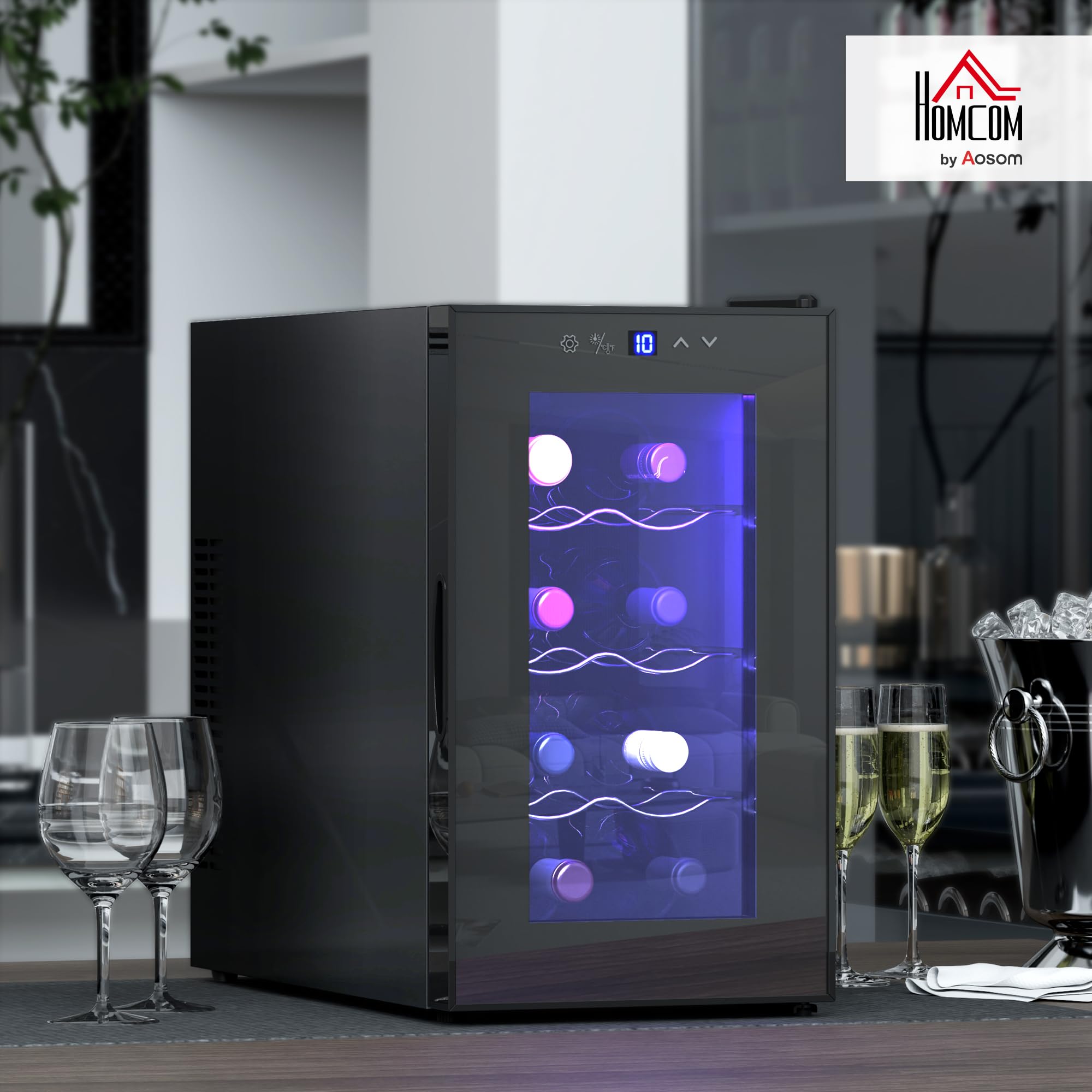 HOMCOM Cantinetta Vino Refrigerata 8 Bottiglie 21L, Cantina Vino Monotemperatura 8-18℃, con Display Touch, Luci LED, Vetro Anti UV, Ripiani Regolabile, Termoelettrico, Classe E, Nero