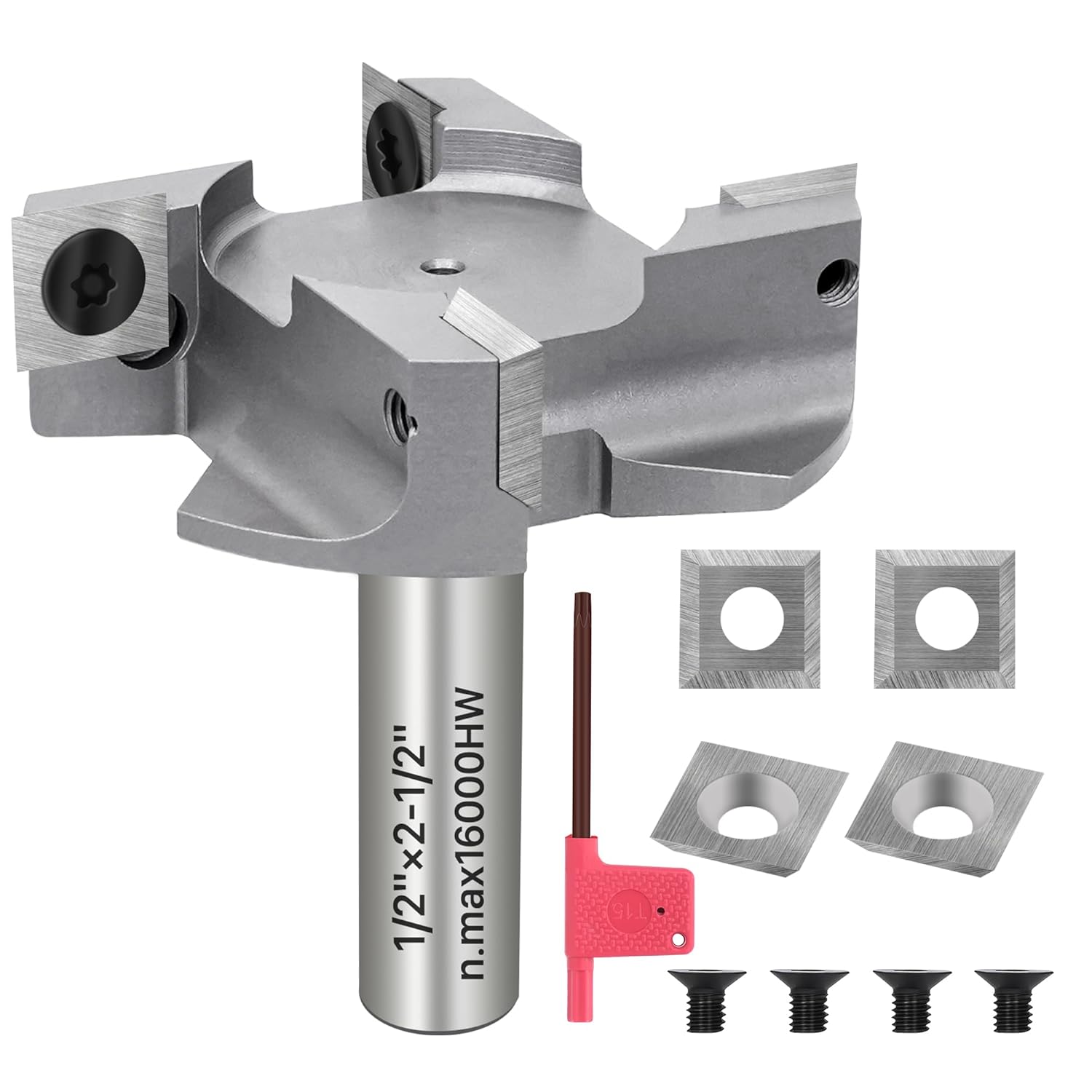 KEENTECH 1/2" Shank 2-1/2" CNC Spoilboard Surfacing Router Bit – Industrial-Grade Carbide Tipped, 4-Wing Replaceable Inserts, Slab Flattening Bit for Woodworking, Planing & Bottom Cleaning