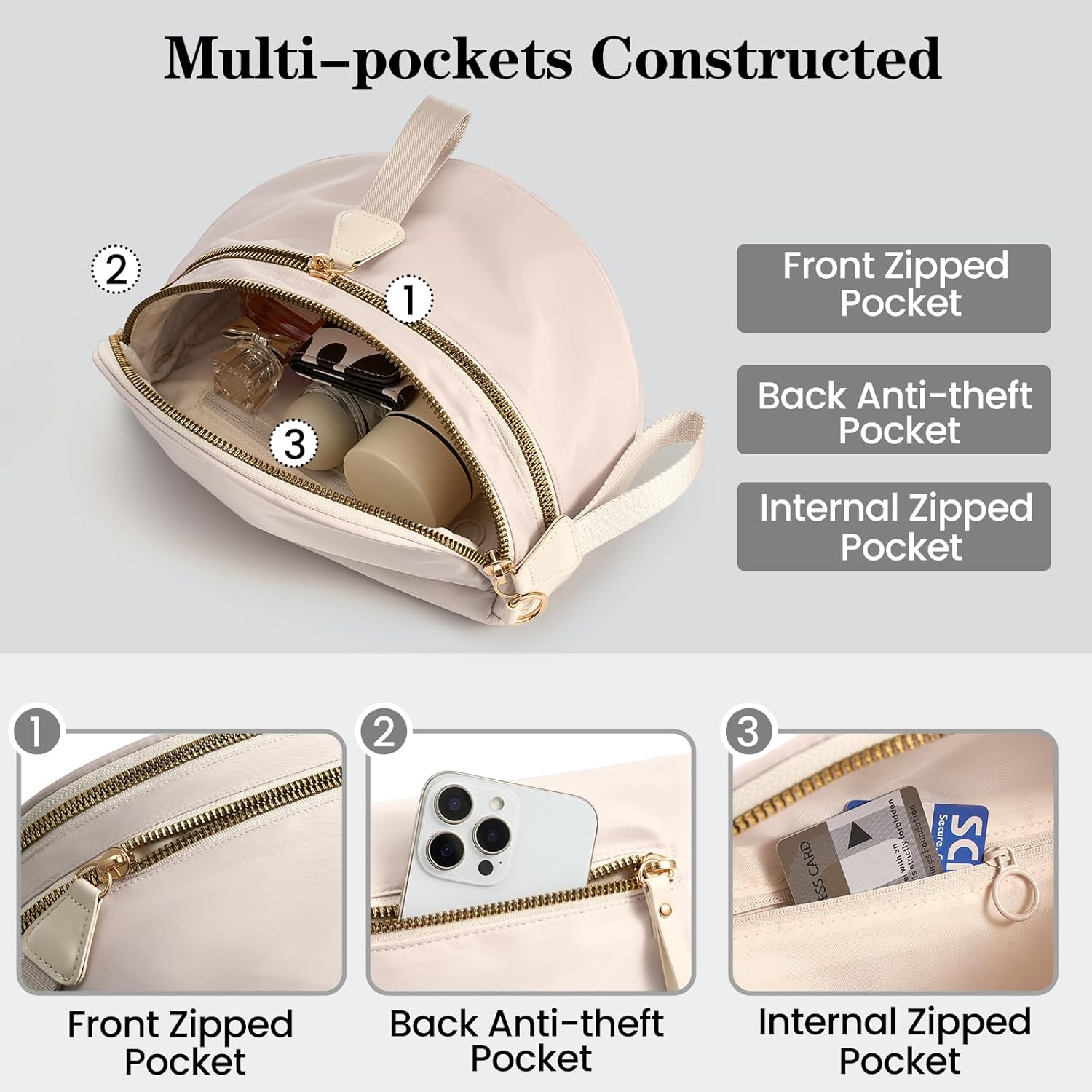 Nylon Crossbody Bags Bum Bag for Women Large Sling Bag Purse with Adjustable Strap(Beige) - Image 3