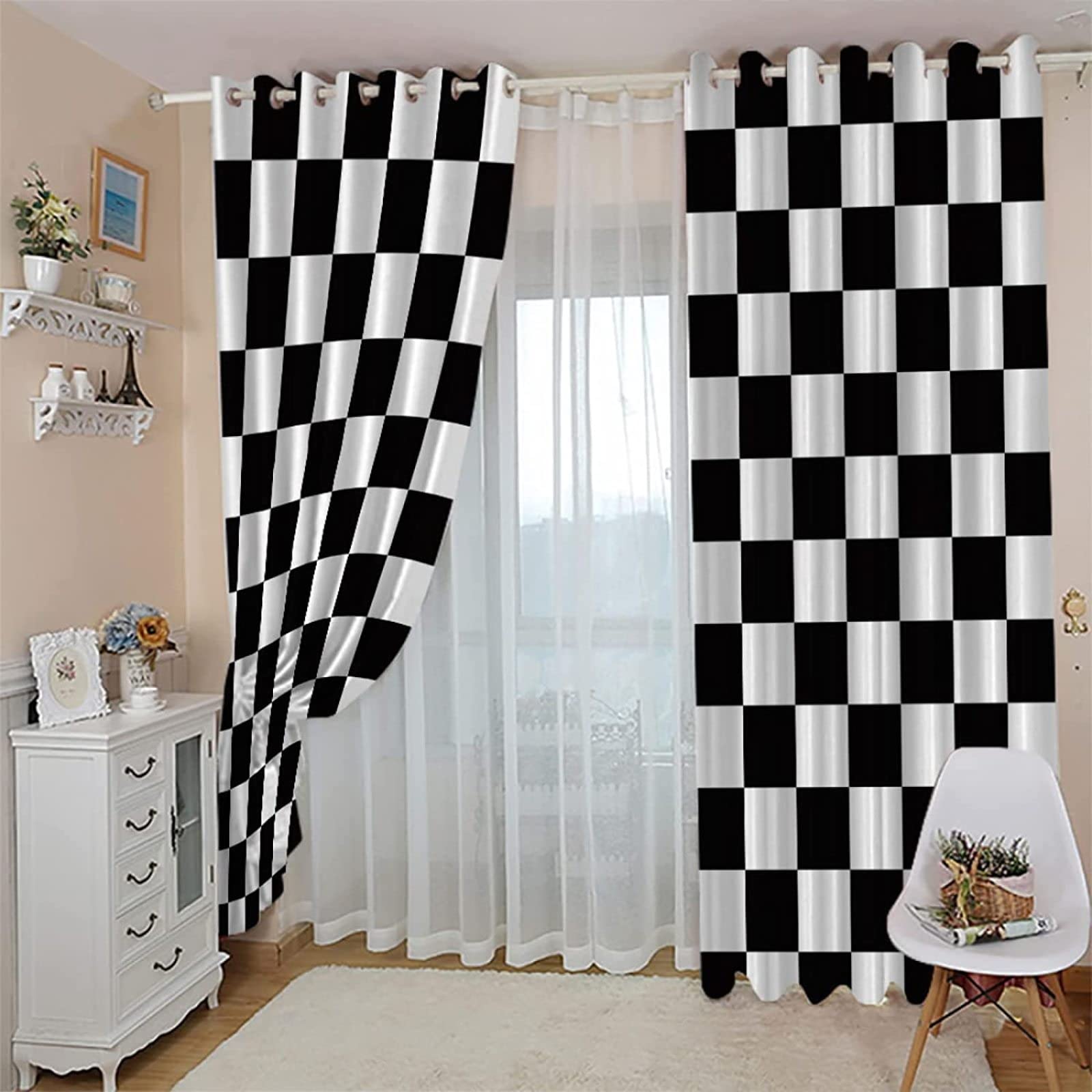 Damier Noir et Blanc Rideau Occultant 3D Rideaux Damier Noir et Blanc Rideaux Occultants 280x175 cm Rideau Chambre Salon Décoration à Oeillets Thermique Lsolant Rideaux Occultant 2 Pièces
