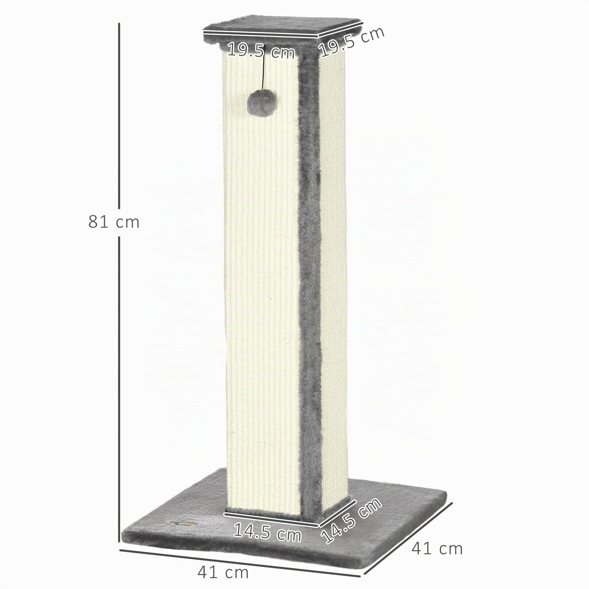 PawHut Griffoir pour Chat 81 cm Arbre à Chat en sisal et Peluche, Poteau griffoir avec Boule Suspendue Base Stable, grattoir à Design Moderne 41 x 41 x 81 cm, Gris et crème