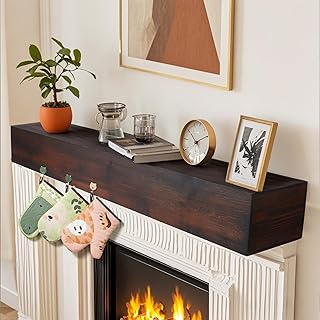 Wood Rustic Fireplace Mantel Shelf, Handcrafted Wooden Mantel for Fireplace, Farmhouse Wall Mounted Displaying Shelf (Coffee, 48 inch)