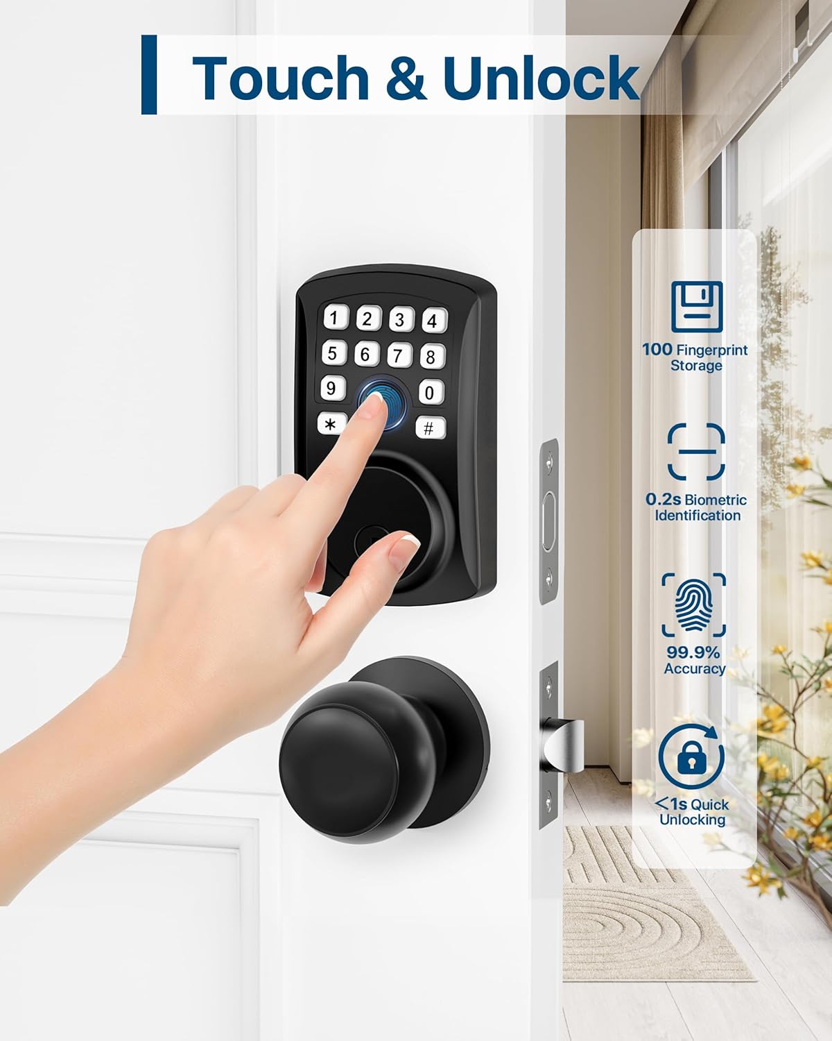 HIDALIFE Fingerprint Door Lock with 2 Door Knob Set, Keyless Entry Door Knob Deadbolt with Keypad, Electronic Keypad Deadbolt, Keyless Entry for Home, Apartment, Matte Black
