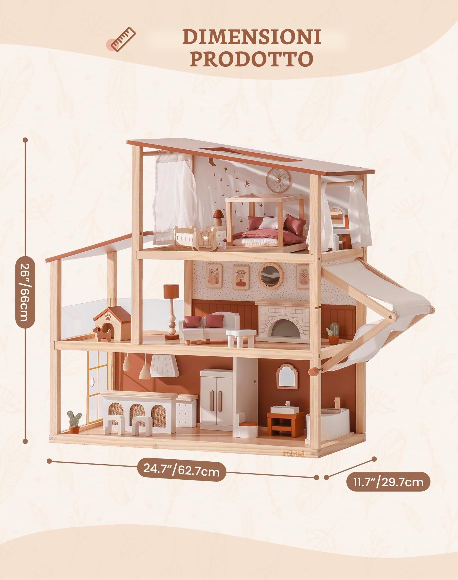 ROBUD Casa Delle Bambole in Legno in Stile Bohémien con 37 Pezzi Di Mobili Realistici e Accessori per Bambole - Giocattolo per Il Gioco Di Ruolo, Regalo per Bambini Bambine dai 3 Anni +