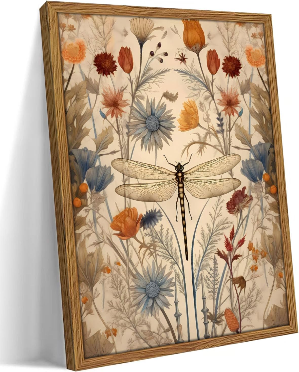 Framed Vintage Dragonfly Wall Art, Boho Botanical Floral Pictures Wall Decor Painting, Whimsical Natural Canvas Print for Bathroom Bedroom Living Room-12×16inch