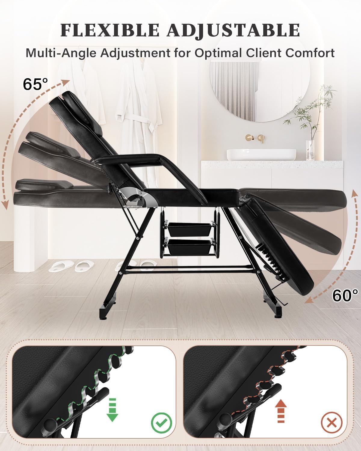 Tattoo Chair Bed with Wheels, 72in 3-Section Facial Tattoo Client Bed for Esthetician Client with Spa Stool, Adjustable TattooLash Table with Removable Headrest, Black