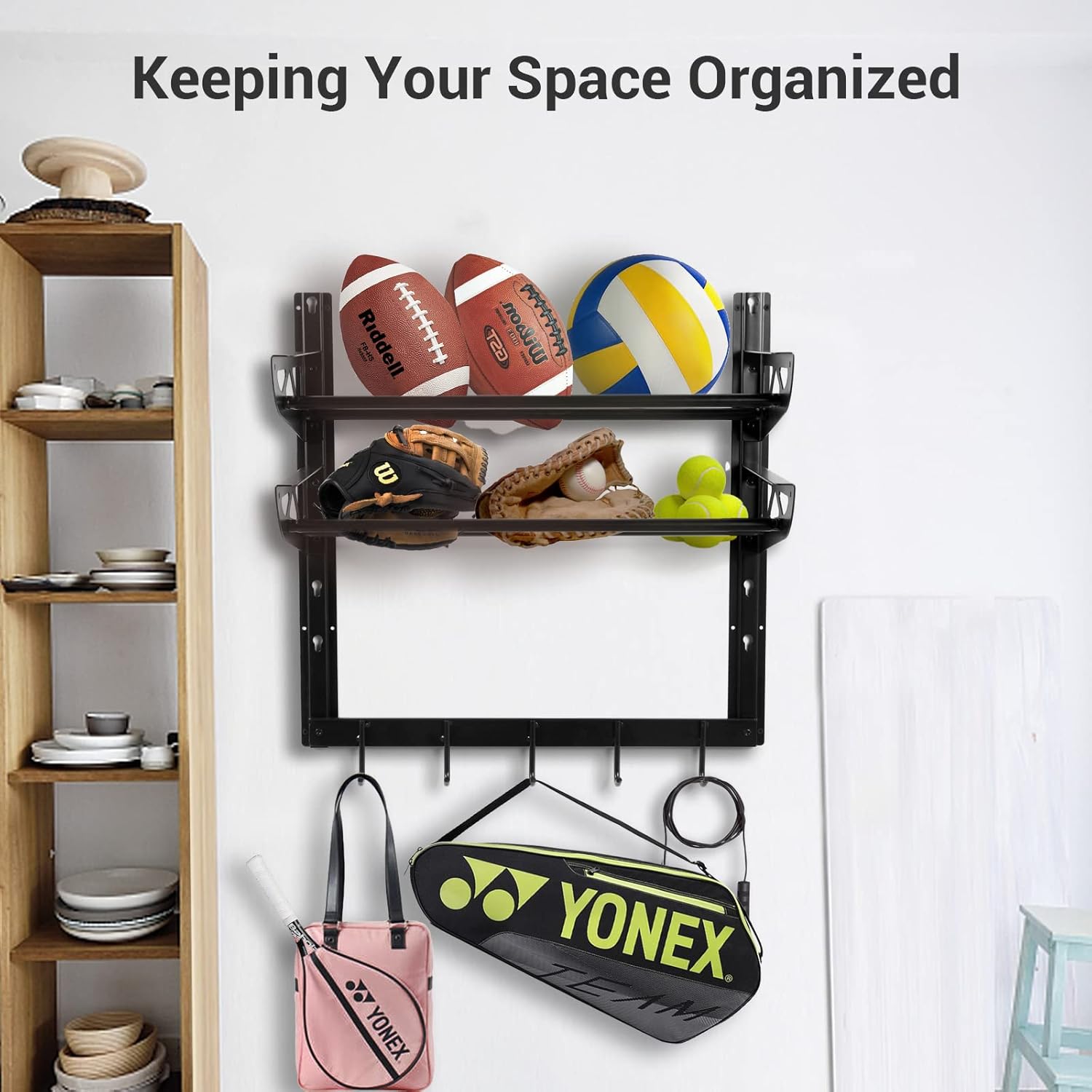 Wallmaster Garage Sports Equipment Organizer Ball Storage Rack Wall Mount Adjustable 2 Layers Steel Black Sports Gear Storage Holder with 5 Hooks
