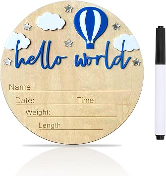 Baby Announcement Sign, 5.9 Inch Wooden Hello World Newborn Signs, Birth Announcement Sign and Pen, Hot Air Balloon and White Cloud Decoration, Welcome Newborn Arrival to World Dark Blue