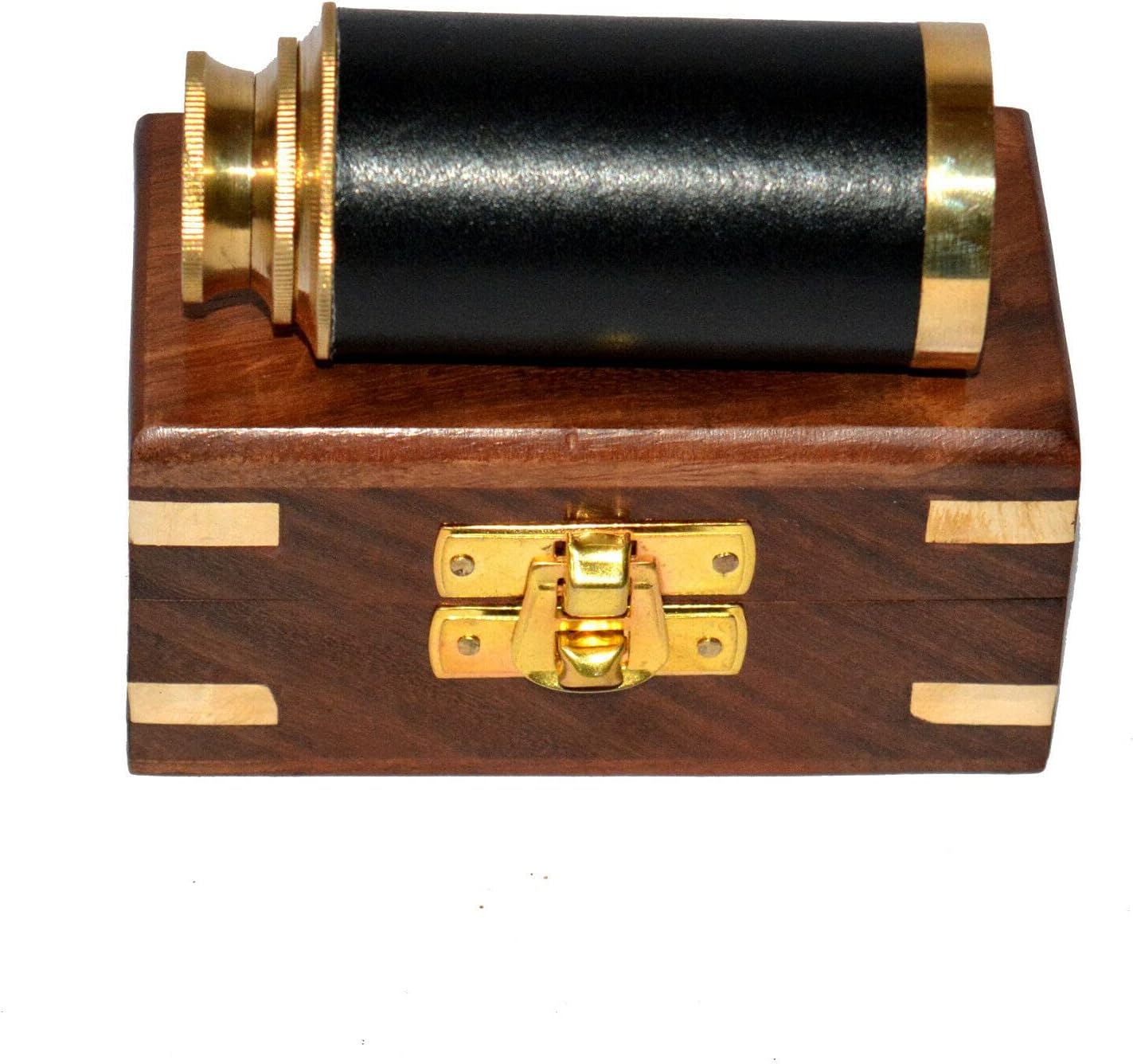 Pirate Pocket Telescope Spyglass with Wood Box Black Leather Bounded Shiny Brass Finish Telescope Decorative Gifts for Marine/Sailor/Son/Boys