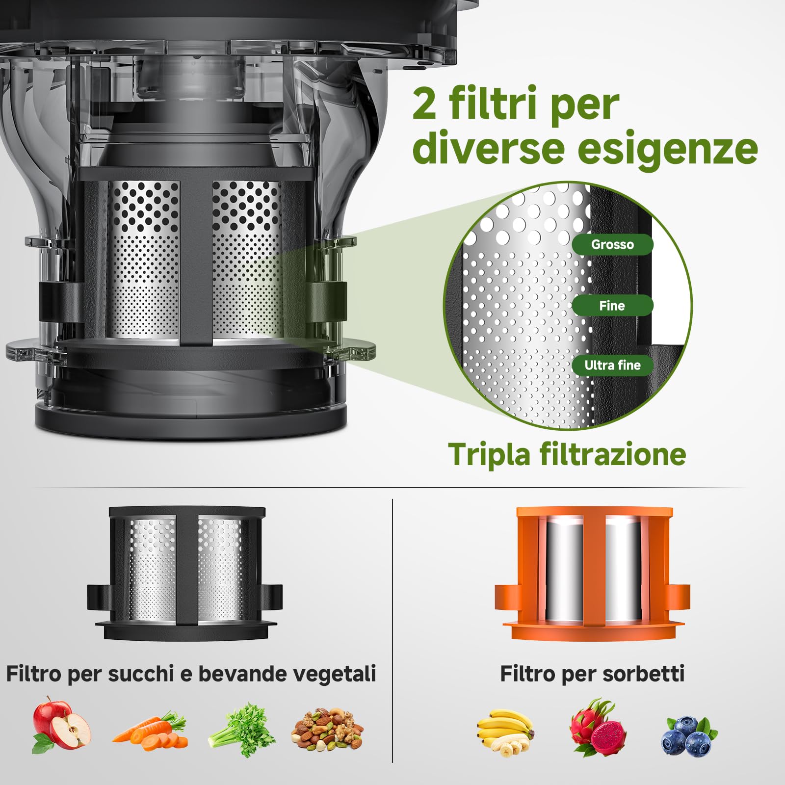 AMZCHEF Estrattore Frutta e Verdura, Frutta e Verdura Intere con Bocca XXL 160 mm, Facile da Pulire, Alta Resa del Succo, Caraffa da 2 L, Estrattore a Freddo per Famiglia, Colazione e Succhi Freschi