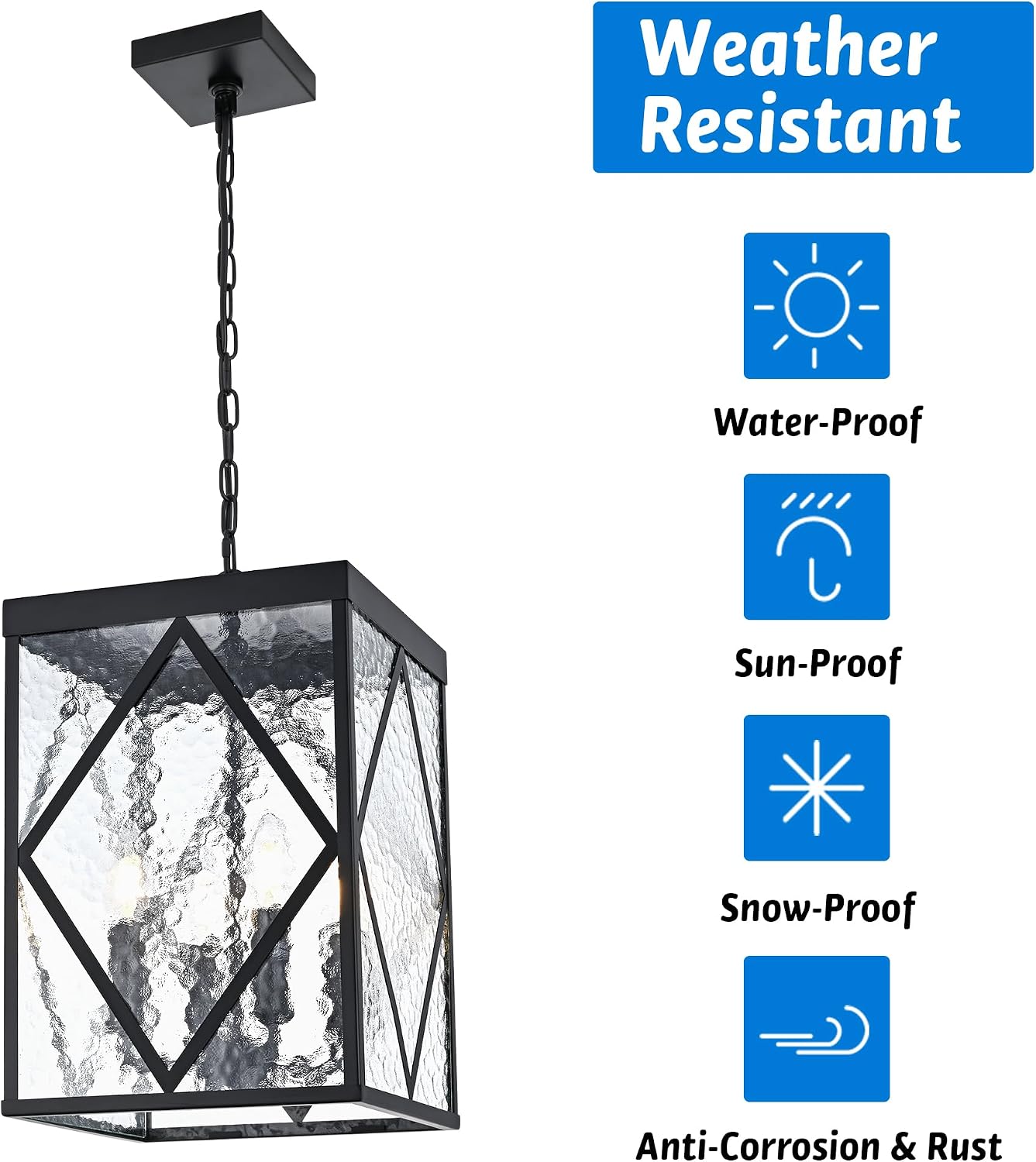 Outdoor Pendant Light with Water Ripple Glass, 4-Light Exterior Hanging Porch Light, Large Lantern Pendant Light, Waterproof Black Outside Chandelier for House Front Door Patio Entrance