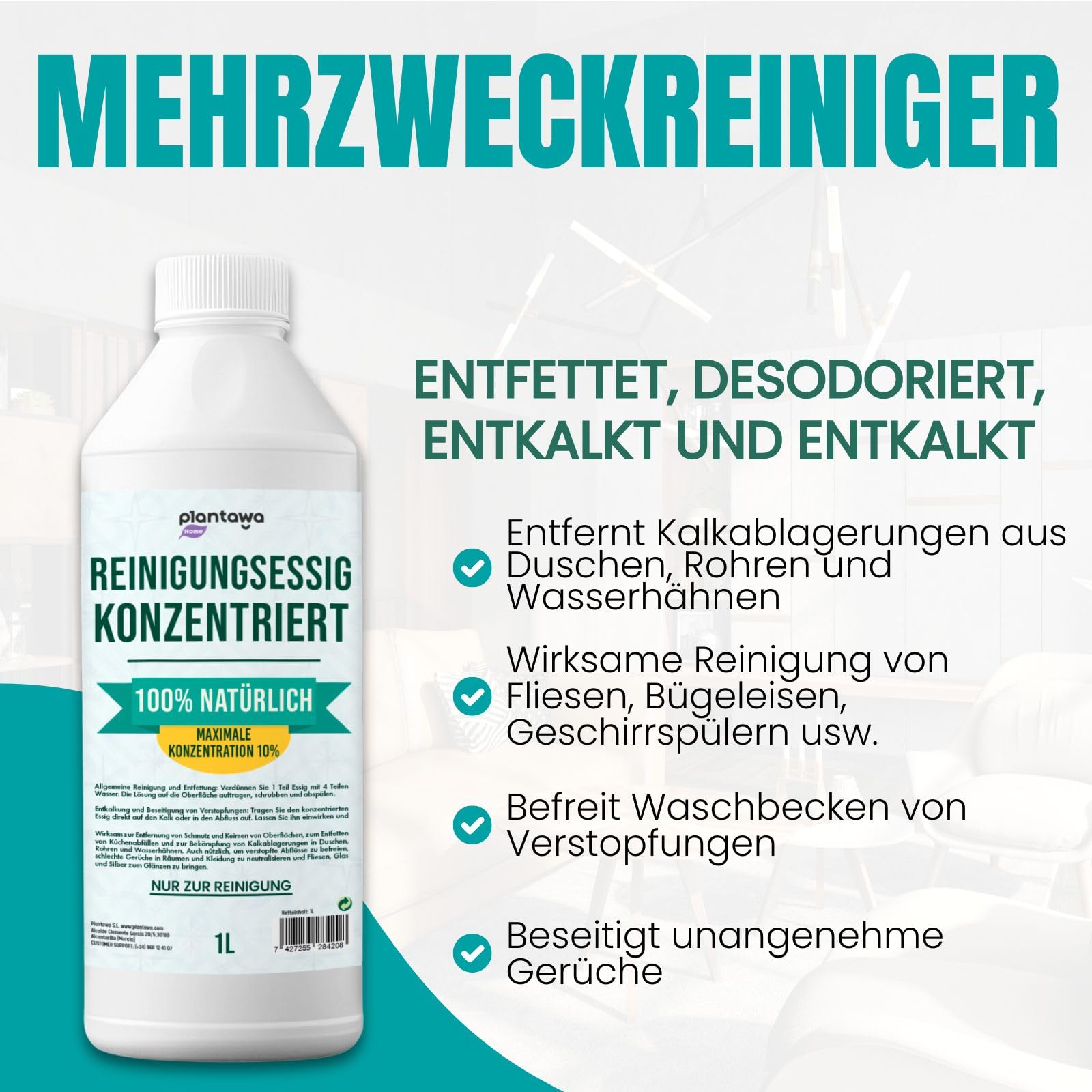 PLANTAWA Aceto concentrato 10º 1L | Aceto per pulire | Alcool bianco | Detergente multiuso naturale e potente, efficace antitico | Disinfetta, sgrassa e rimuove il calcare dalle superfici