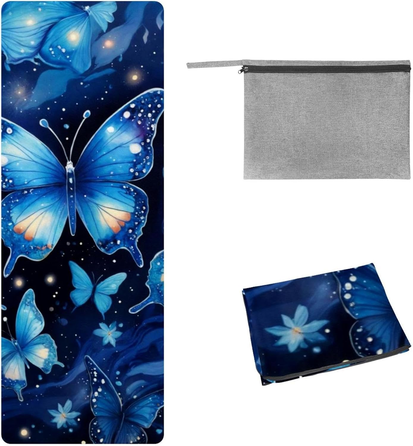Yoga Towel, Galaxy Blue Butterflies Pattern Non Slip Sweat Absorbent Hot Yoga Mat Towel for Hot Yoga, Pilates and Fitness - 72.8" x 26.8"