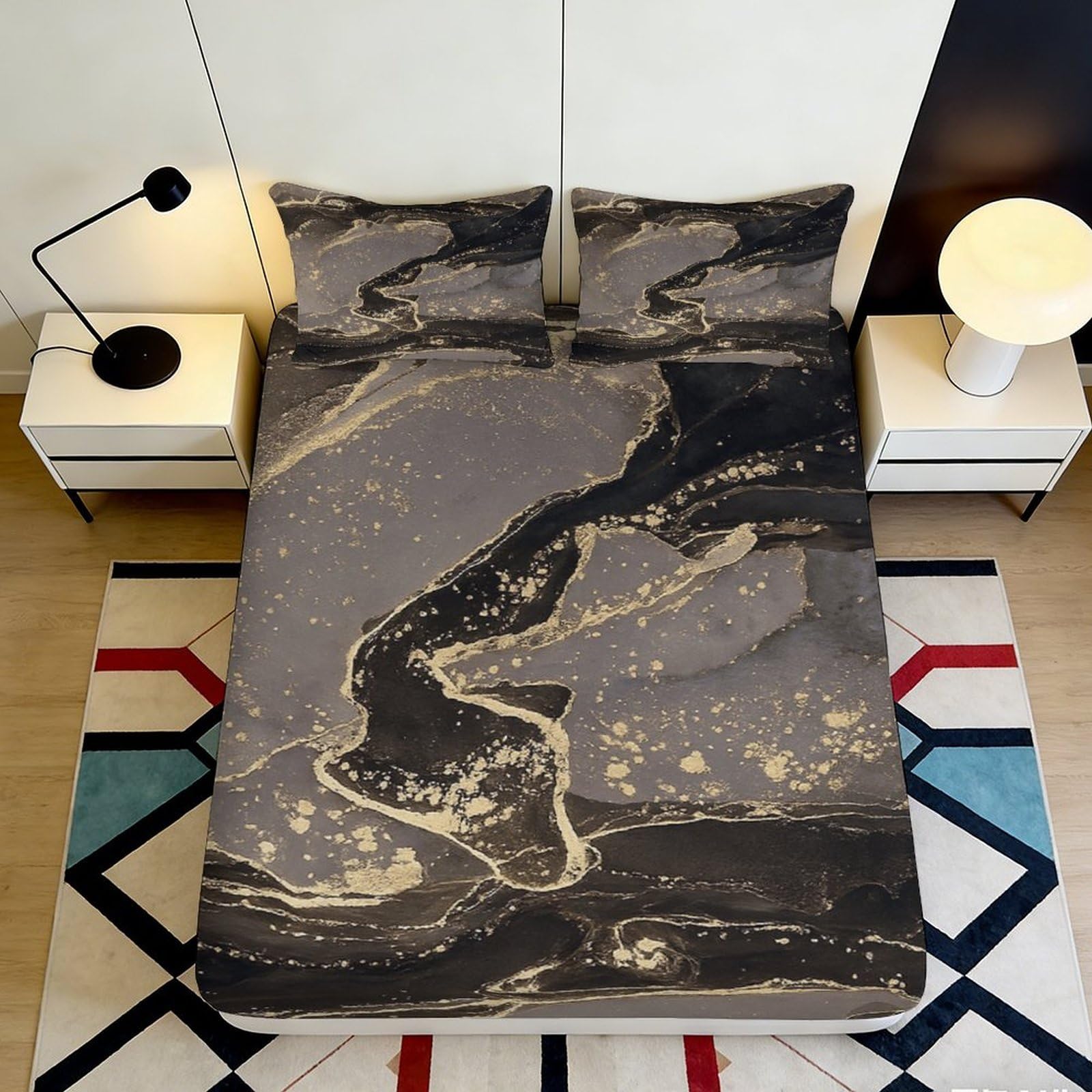 3D Printed Marble Swirl Fitted Sheet Microfiber Soft Black Gold Abstract Mattress Cover for Bedroom Dorm Decor 180x200x25cm