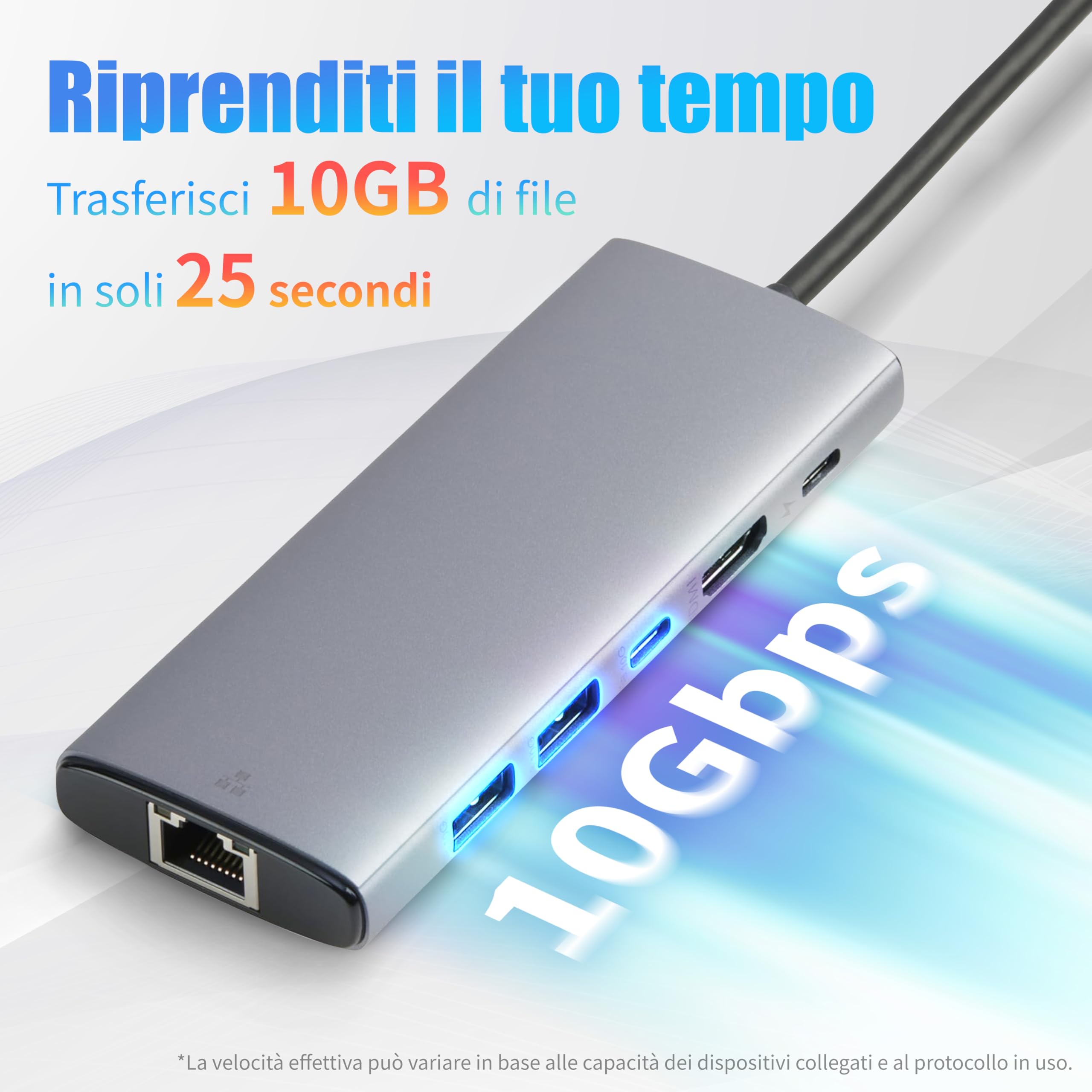 Amazon Basics 6-in-1 USB-C 3.2 (10G) Hub, 1 USB-C 100W PD Input, 2 USB-A, 1 USB-C, HDMI 4K, Ethernet, Grigio Chiaro, 11.94 x 4.6 x 1.5cm