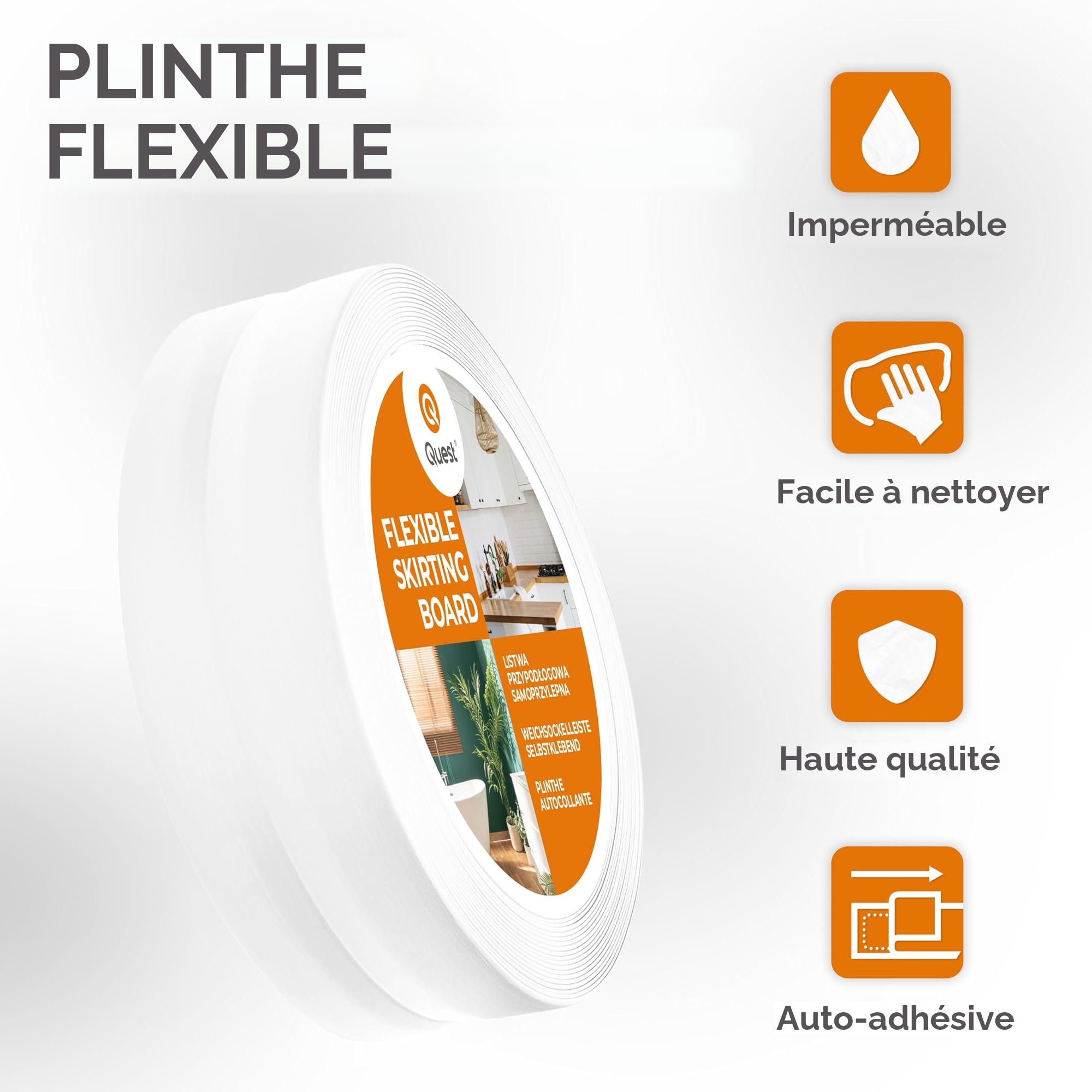 Quest Plinthe Souple Autoadhésive - 50 mm x 20 mm - Plinthe en PVC de finition - Pour l'intérieur, mur, sol, salle de bain, salon - Flexible, Étanche, Décoratif - 25 mètres, Blanc