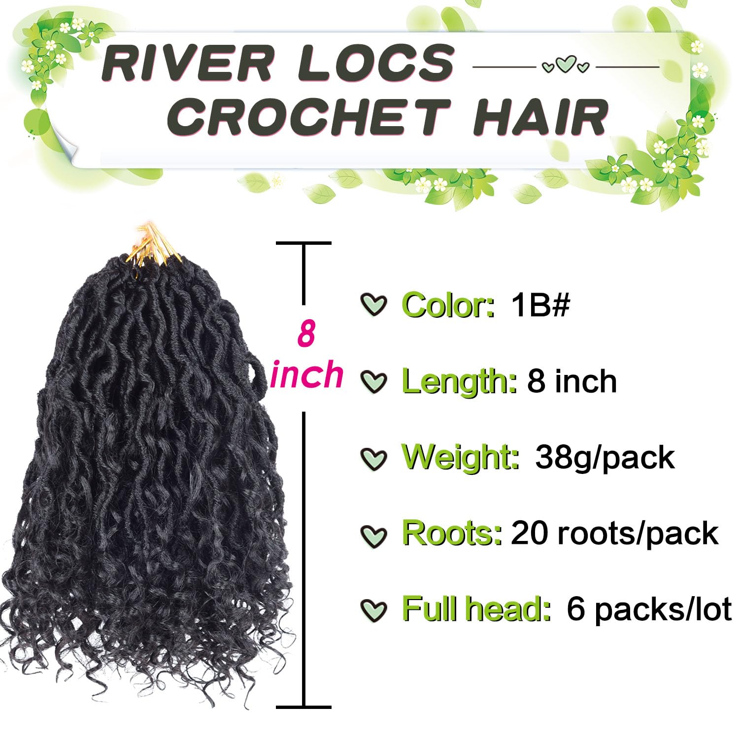 Curly Faux Locs Crochet Hair Extensions 8 Inch 120 roots Goddess Locs Crochet Hair for Black Women Pre Looped Soft River Locs Crochet Braids with Curly Hair Boho Hippie Locs (8 Inch, 6 Packs, T1B)