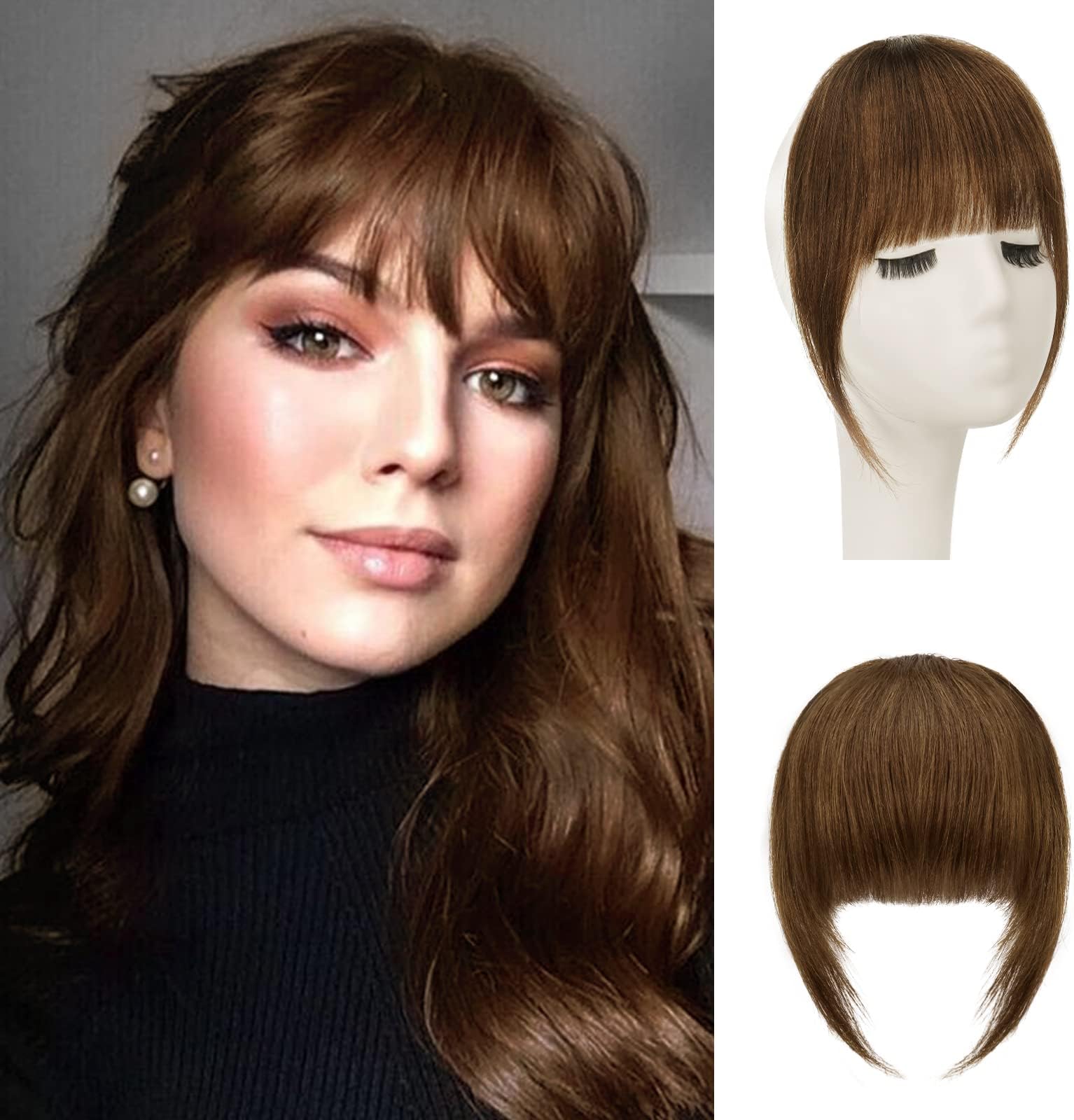 SOFEIYANPony Clip-In 100% Remy Real Hair Fringe Bangs Human Hair Clip in Pony Fringe Extensions Natural Bangs with Temple Hairpieces Real Hair Extensions for Women