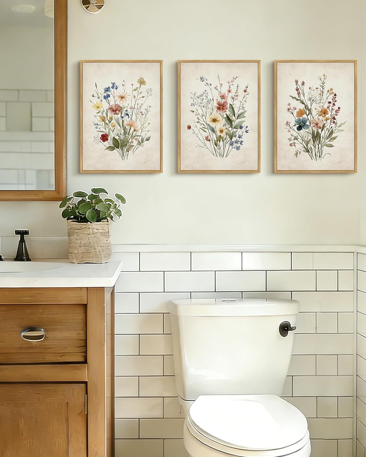 Drsoum Vintage Flower Bouquet Framed Retro Wildflower Botanical Pictures Prints Modern Colorful Floral Rustic Artwork Bedroom Living Room Ready to Hang 11x14in Natural Framed