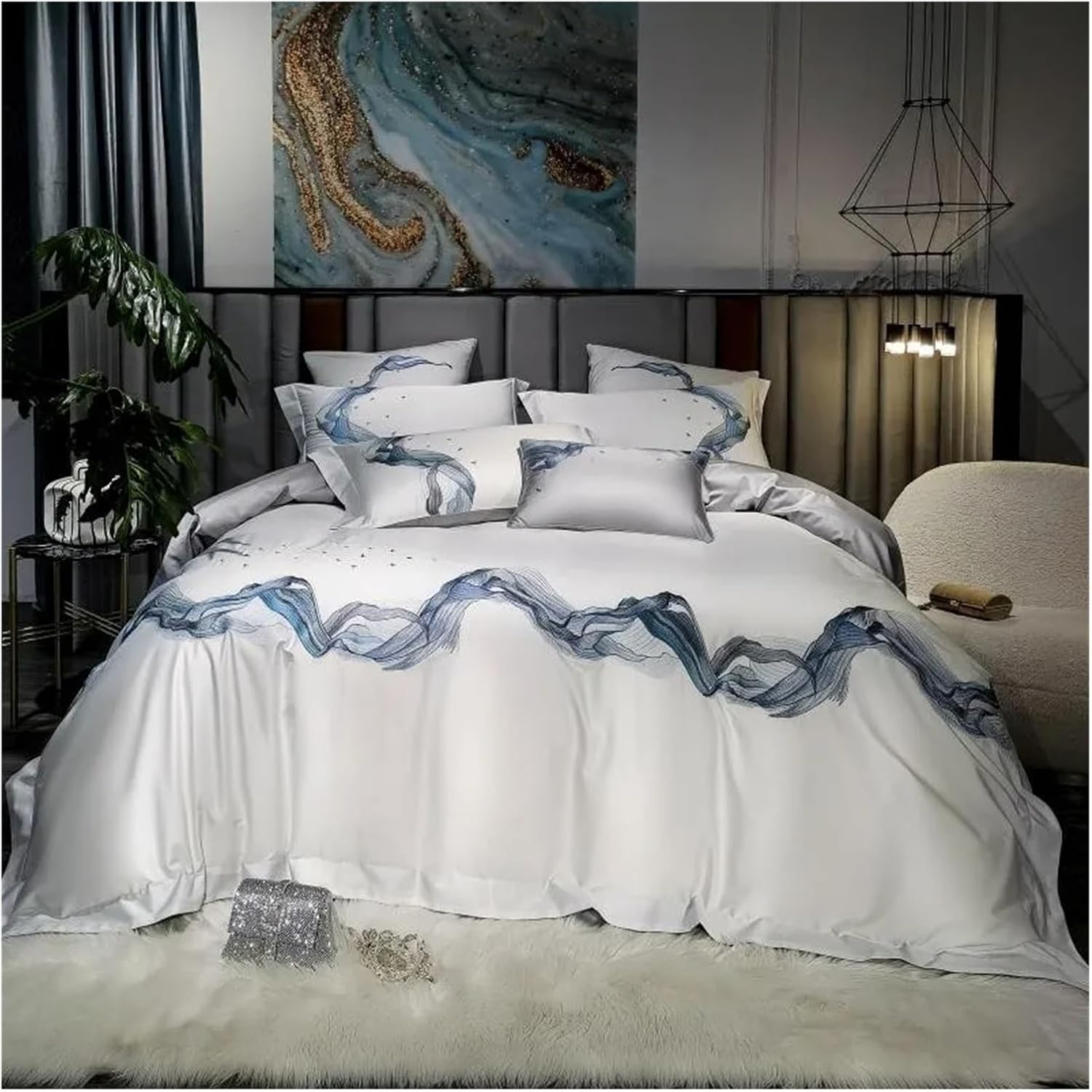 Chic Marble Abstract Emboidery White Gray Duvet Cover Set 4Pcs 1000TC Long Staple Cotton Premium Bedding Bed Sheet Pillowcases,Bed