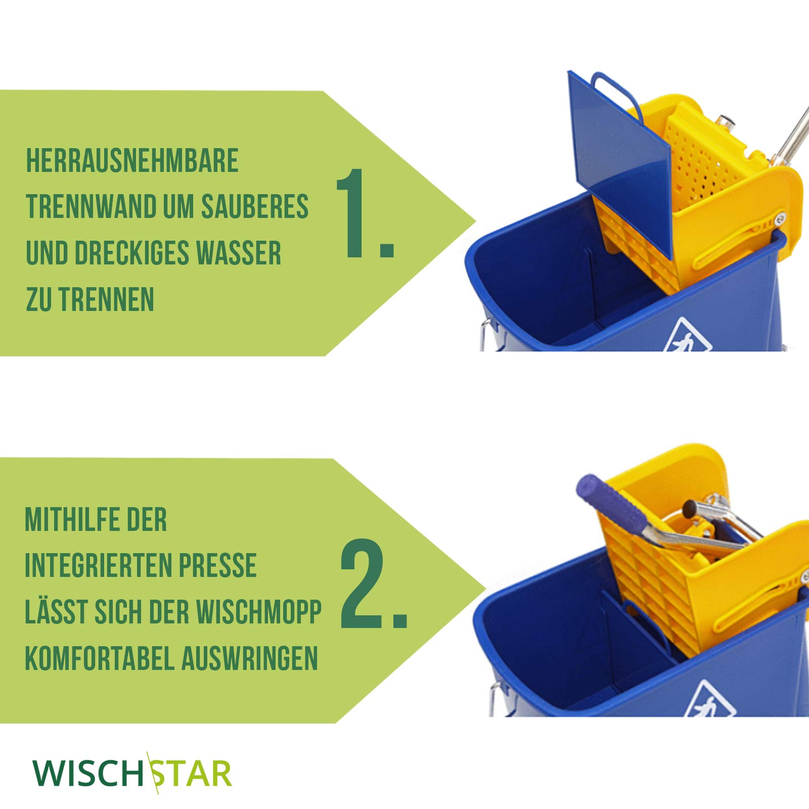 Wisch-Star Reinigungswagen mit Presse 40x27x35cm, inkl. 19L Putzeimer | Profi-Putzwagen für Privathaushalt & Gewerbe, mit Auswringer, 360° drehbaren Rollen, einfaches & komfortables Handling