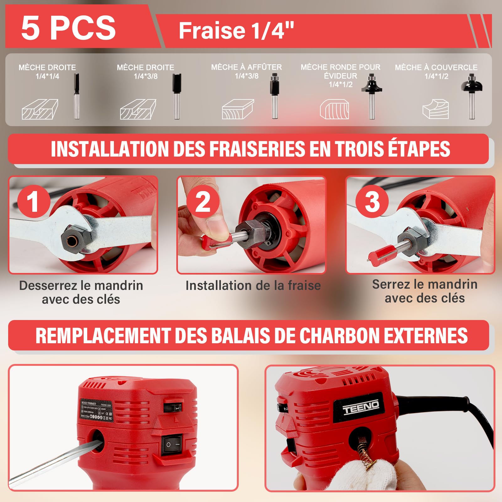 TEENO Défonceuse Affleureuse Électrique 800W 15000-32000 RPM Avec Housse Anti Poussière, Affleureuse à Bois Avec 5 Fraises à Défoncer Queue de 1/4", 6 Vitesses Variables, Base Fixe Mèches 6/6.35mm