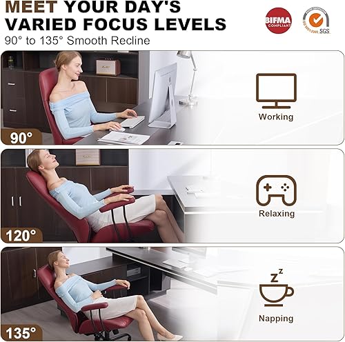 Miniatura 8 de Silla de escritorio de oficina en casa, silla ergonómica de cuero con respaldo alto, soporte lumbar, altura ajustable y reclinable, silla de oficina