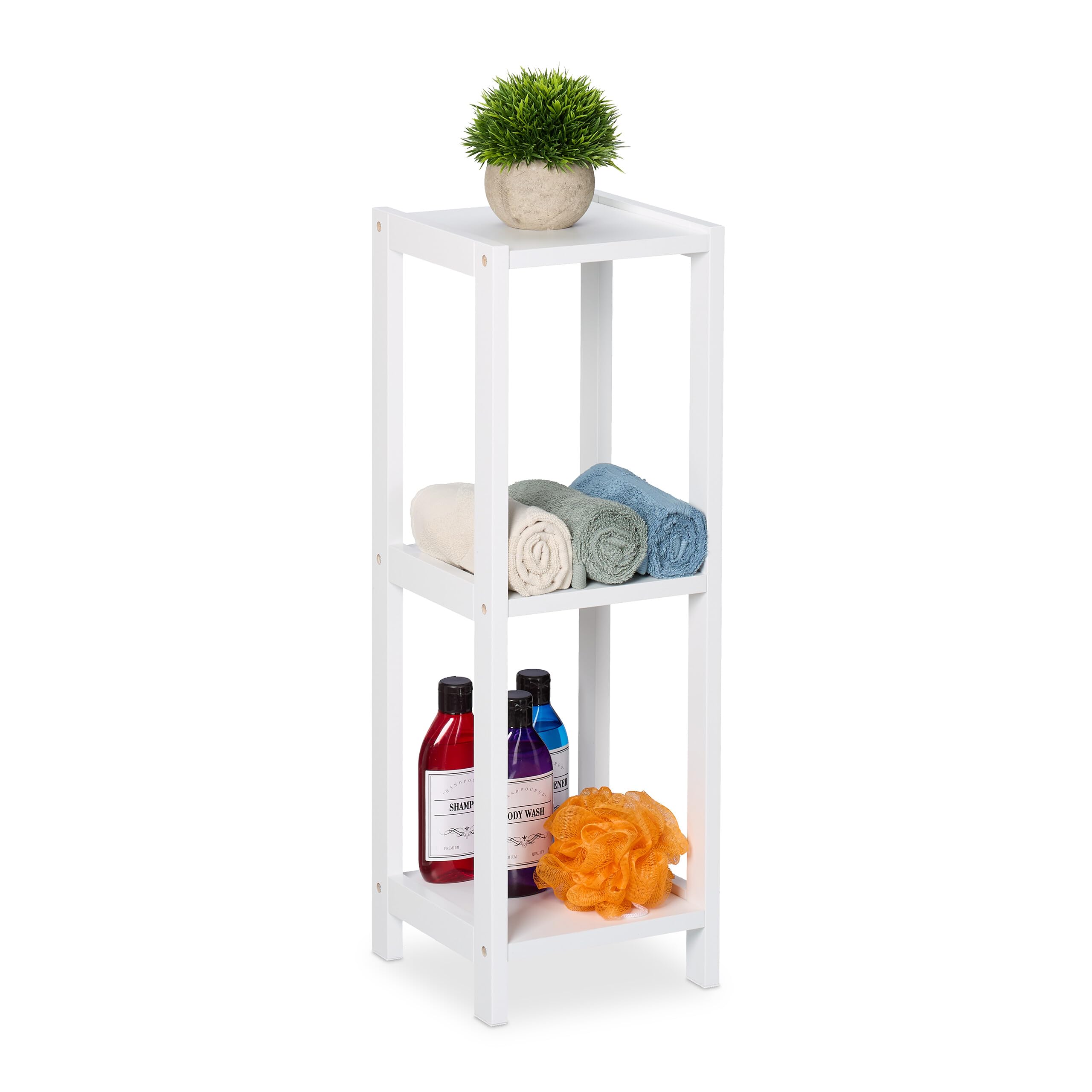 Relaxdays Scaffale da Bagno, Mobiletto Salvaspazio in MDF, Mobile Stretto a Colonna 3 Ripiani, HLP: 65x22x22 cm, Bianco, Fibra di Legno, Gomma