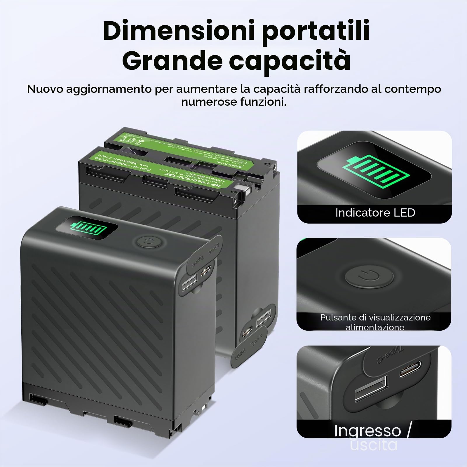 9600mAh NP-F970 Batteria Ricaricabili agli ioni di litio Compatibili con Sony NP-F970 / NP-F960 / NP-F750 / NP-F550 / NP-F930, Sony DCR-VX2100, PD150, PD170, FDR-AX1, HDR-AX2000, FX1 (2Pcs)