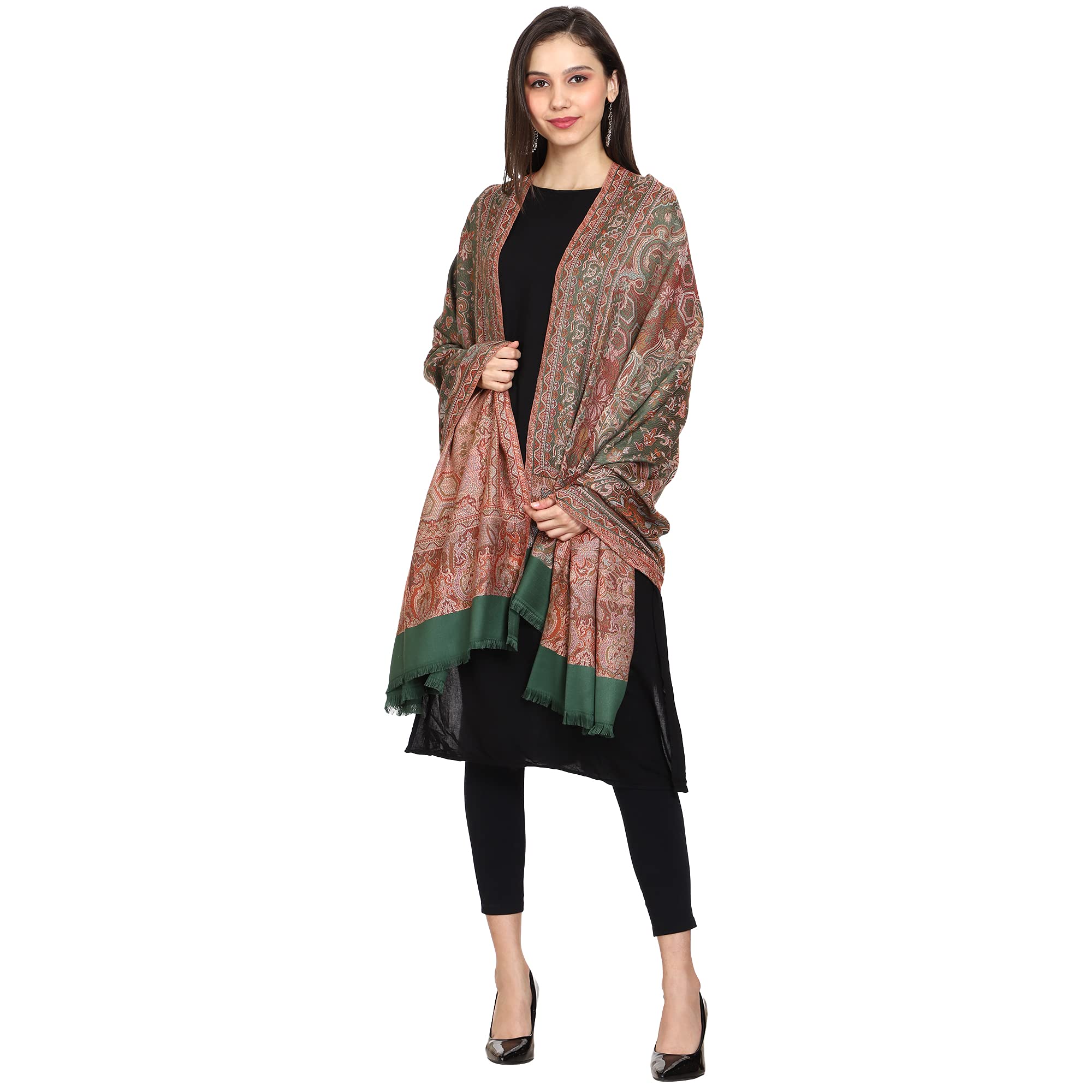 SWI STYLISH Women’s Kashmiri Jamawar Inspired Shawl – Warm Silky Soft Polyester Winter Wrap (100x200 cm) Large Designer Shawl for Ladies (Bottle Green) 2