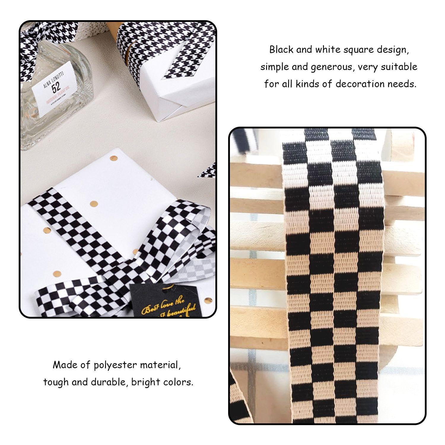 1 Roll (9M) Black & White Checkered Gift Box Ribbon - Decorative & Racing Weaving Material, Black and White, 9M*1.9Cm - Image 4