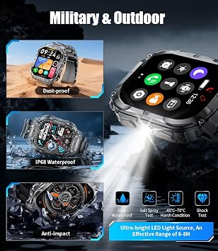 LIGE Military Smart Watch for Men(3 Bands),1000mAh/2 HD Large Screen Smartwatch, Flashlight/110+ Sports Modes, Fitness Tracker Watch for Android iOS,Black