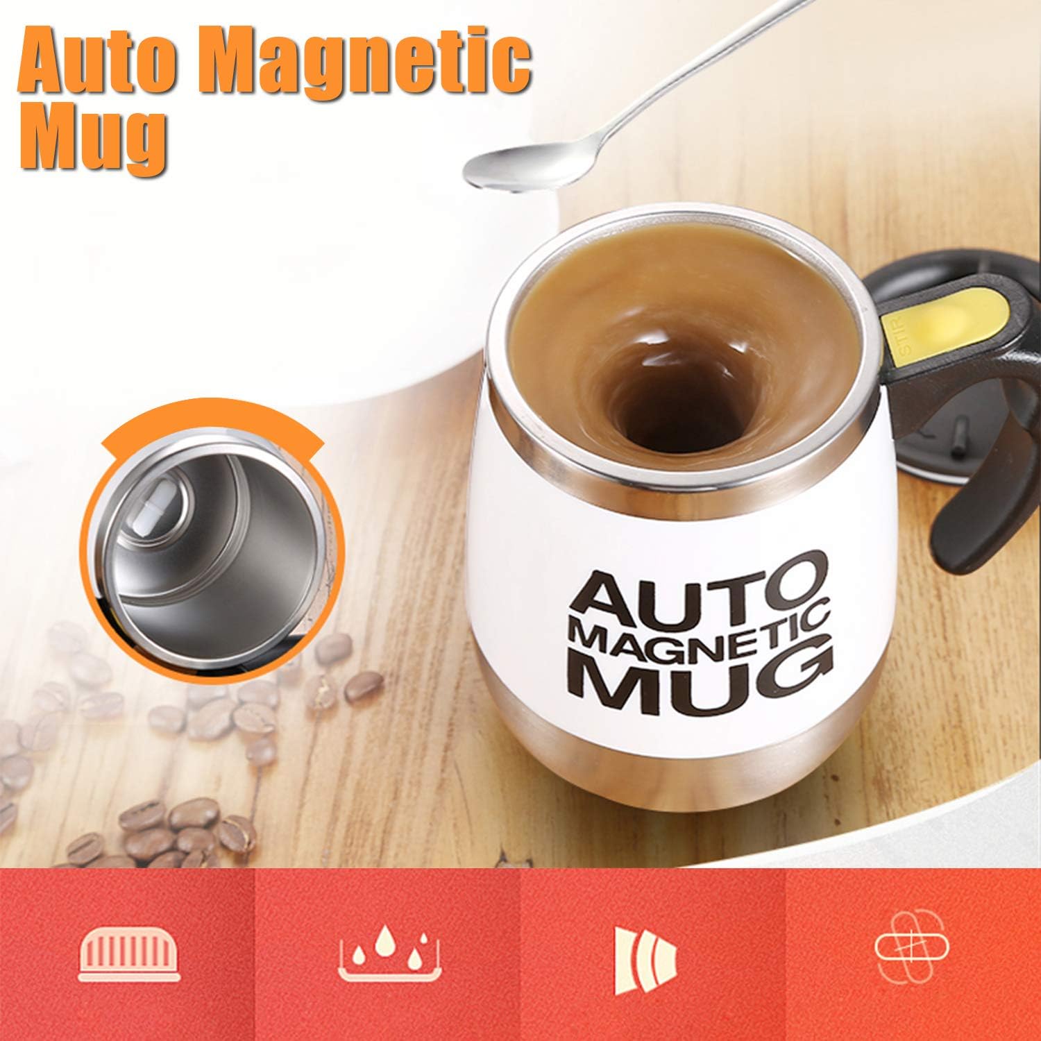 Fdit Self Mixing Cup, Stainless Steel Food Grade PP Double Walled Magnetic Stirring Coffee Mug Hot & Cold Drinks (White) - Image 4