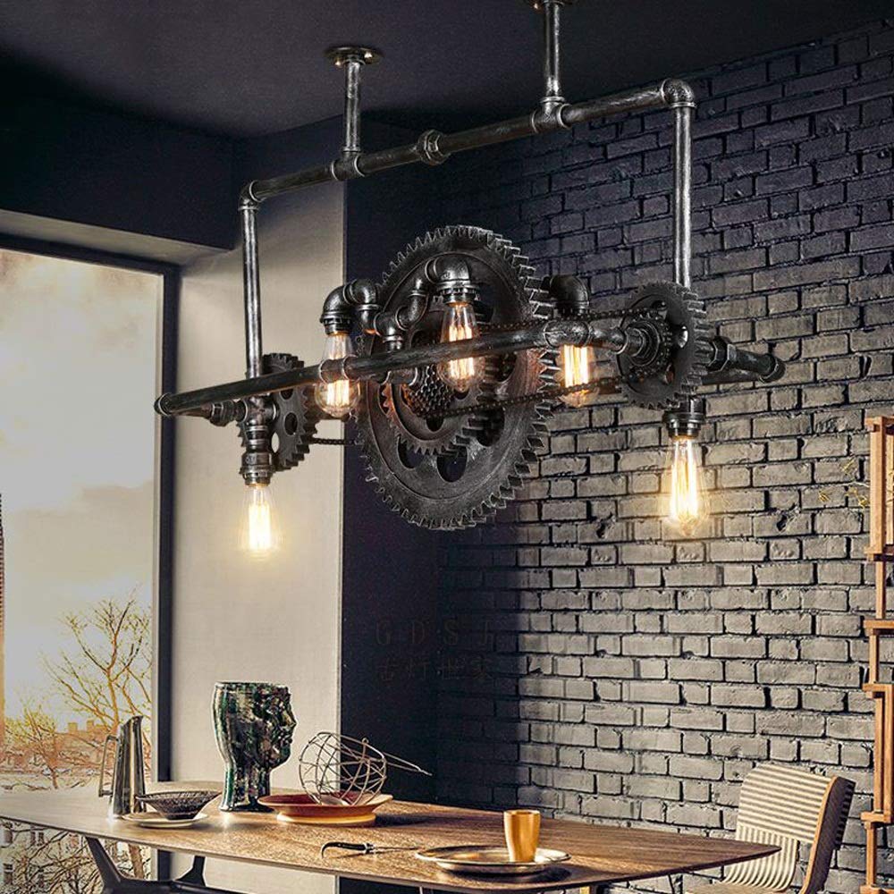 ISCBAFYX Tubo de Agua Steampunk Tradicional Pipas de Hierro Forjado Creativo Vintage Equipo de Madera Industrial Lámparas Colgantes de Equipos Tema Bar de Restaurante Luces Colgantes de Metal Retro