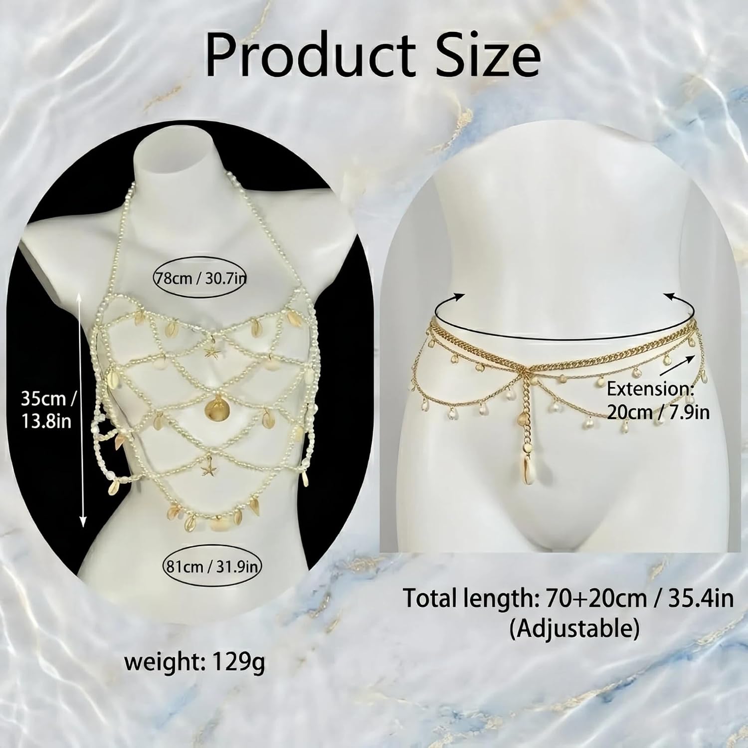Sexy Pearl Bra Waist Chain Set, 2 PCS White Shell Starfish Multilayered Beads Body Jewelry, Beach Wedding Festival Bralette Underwear Accessories, Summer Rave Lingerie Chest Chain for Women